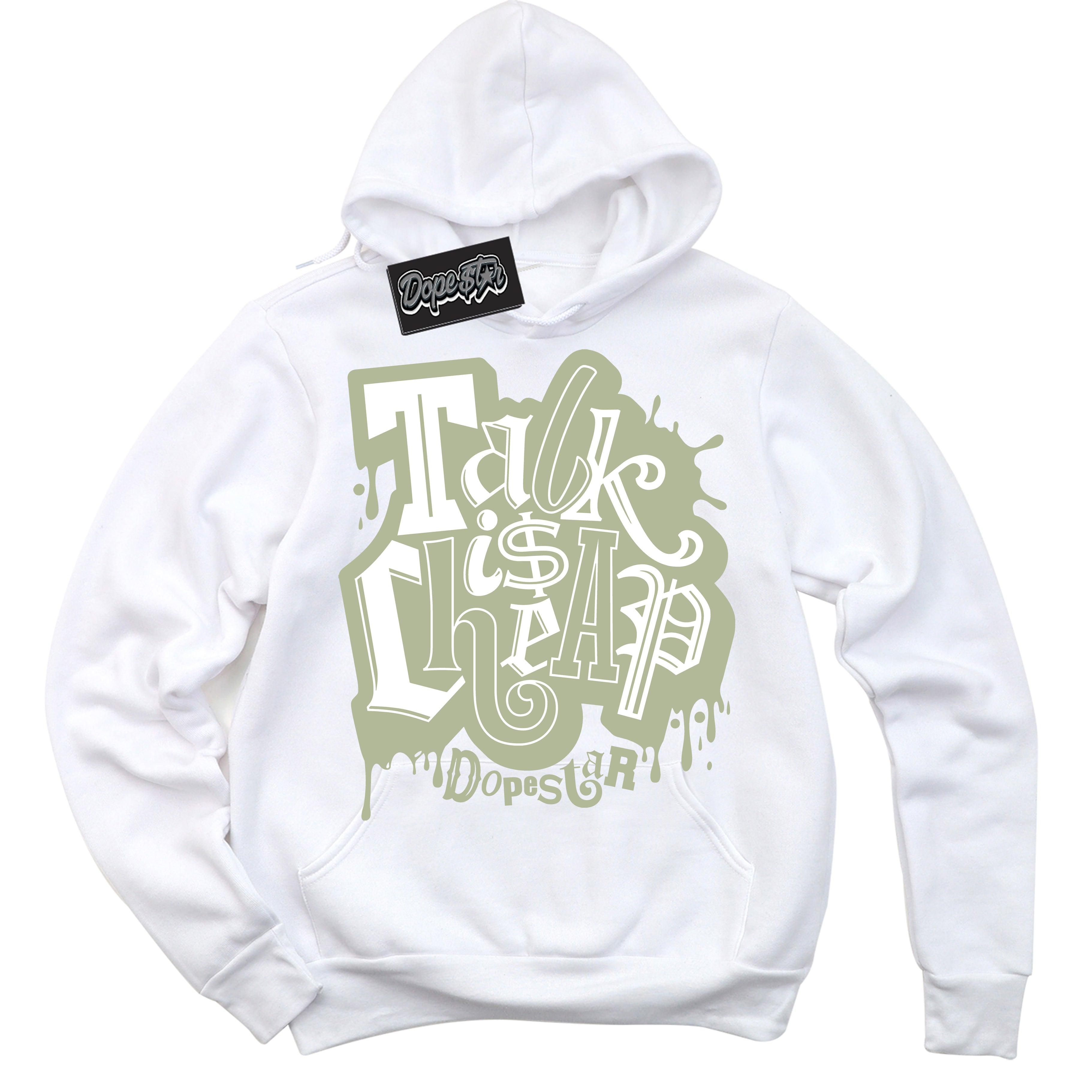 Cool White Hoodie with “ Talk Is Cheap ”  design that Perfectly Matches Next Nature Olive Aura Dunks.