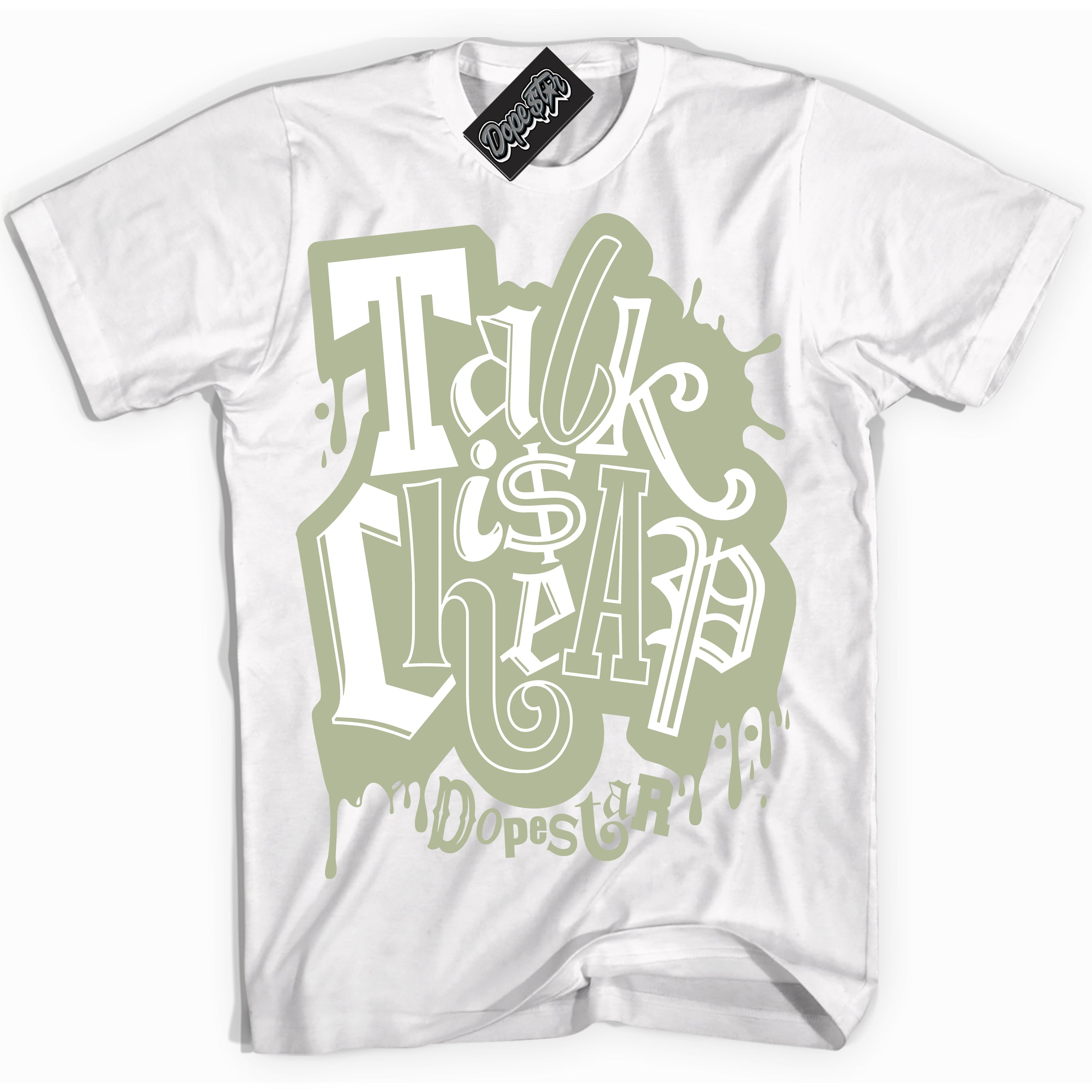 Cool White Shirt with “ Talk Is Cheap ” design that perfectly matches Next Nature Olive Aura Dunks.