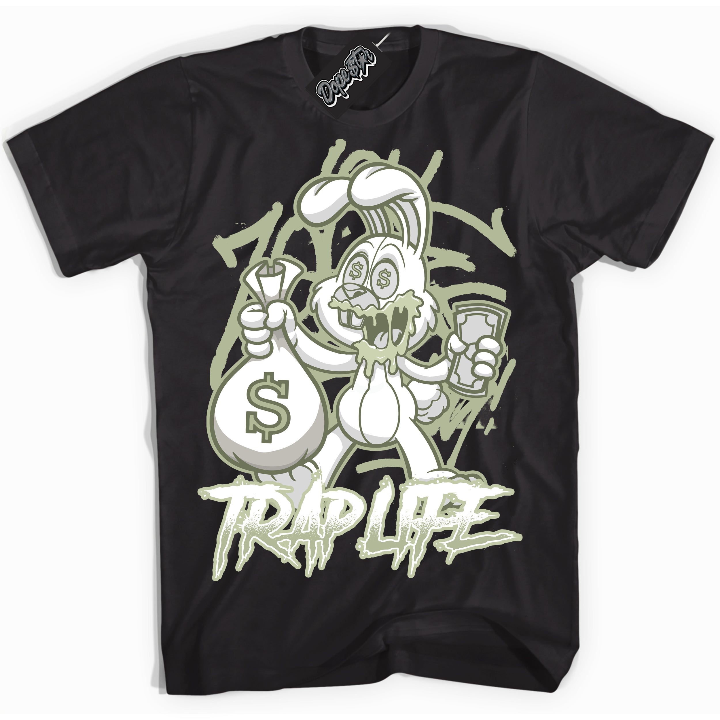 Cool Black Shirt with “ Trap Rabbit ” design that perfectly matches Next Nature Olive Aura Dunks.