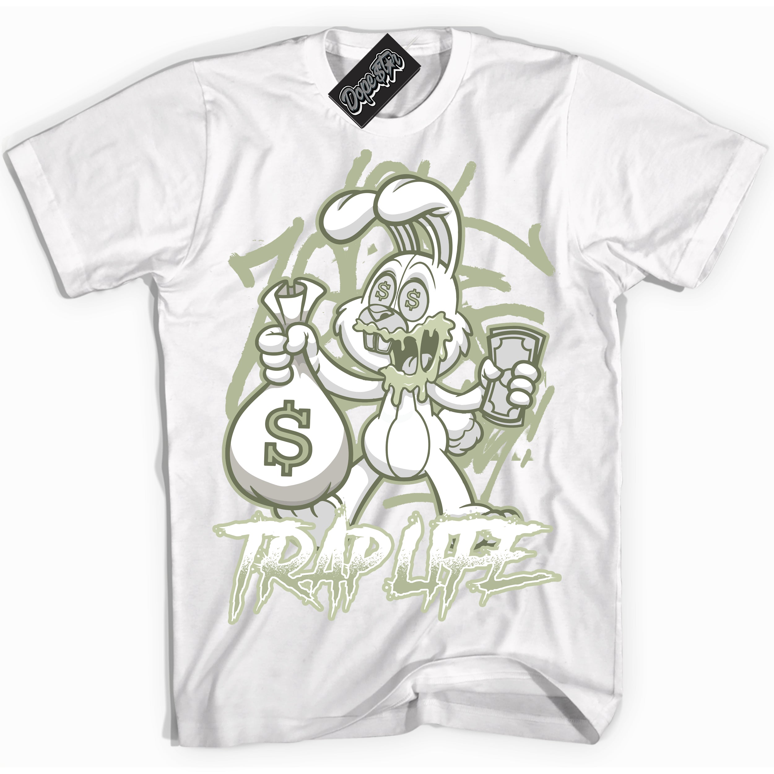 Cool White Shirt with “ Trap Rabbit ” design that perfectly matches Next Nature Olive Aura Dunks.