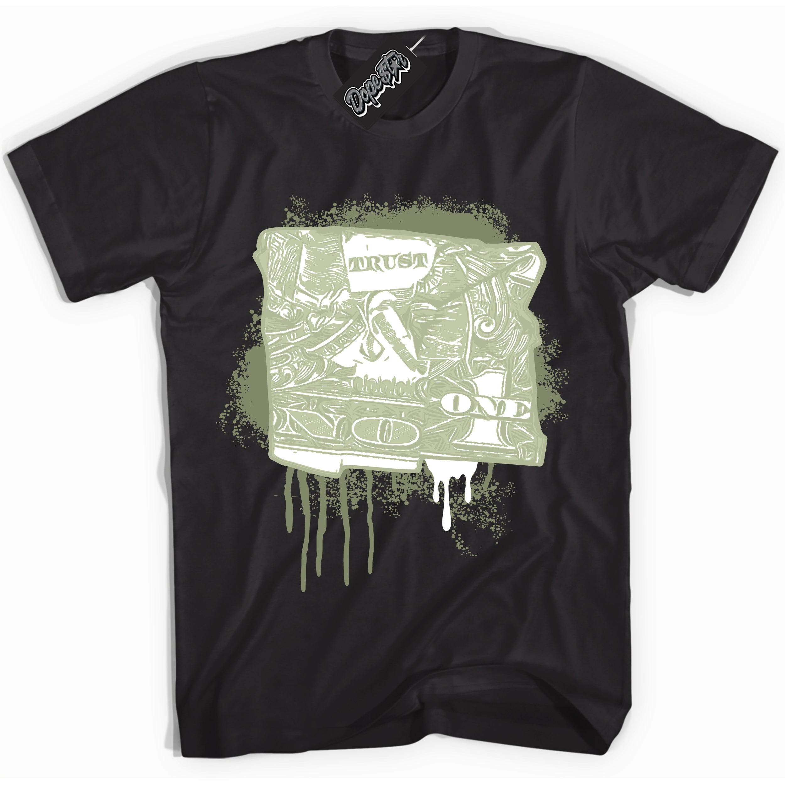 Cool Black Shirt with “ Trust No One Dollar ” design that perfectly matches Next Nature Olive Aura Dunks.