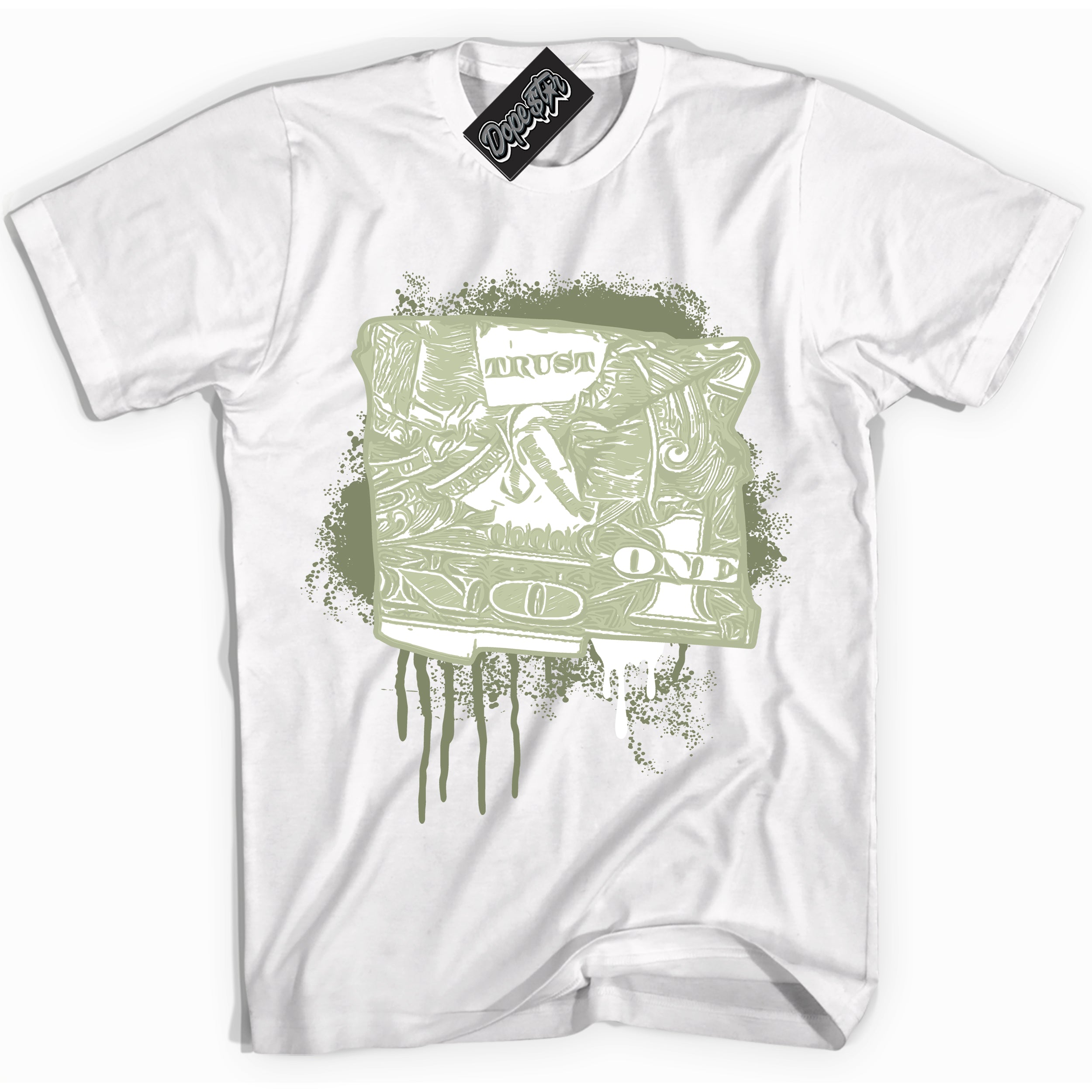 Cool White Shirt with “ Trust No One Dollar ” design that perfectly matches Next Nature Olive Aura Dunks.