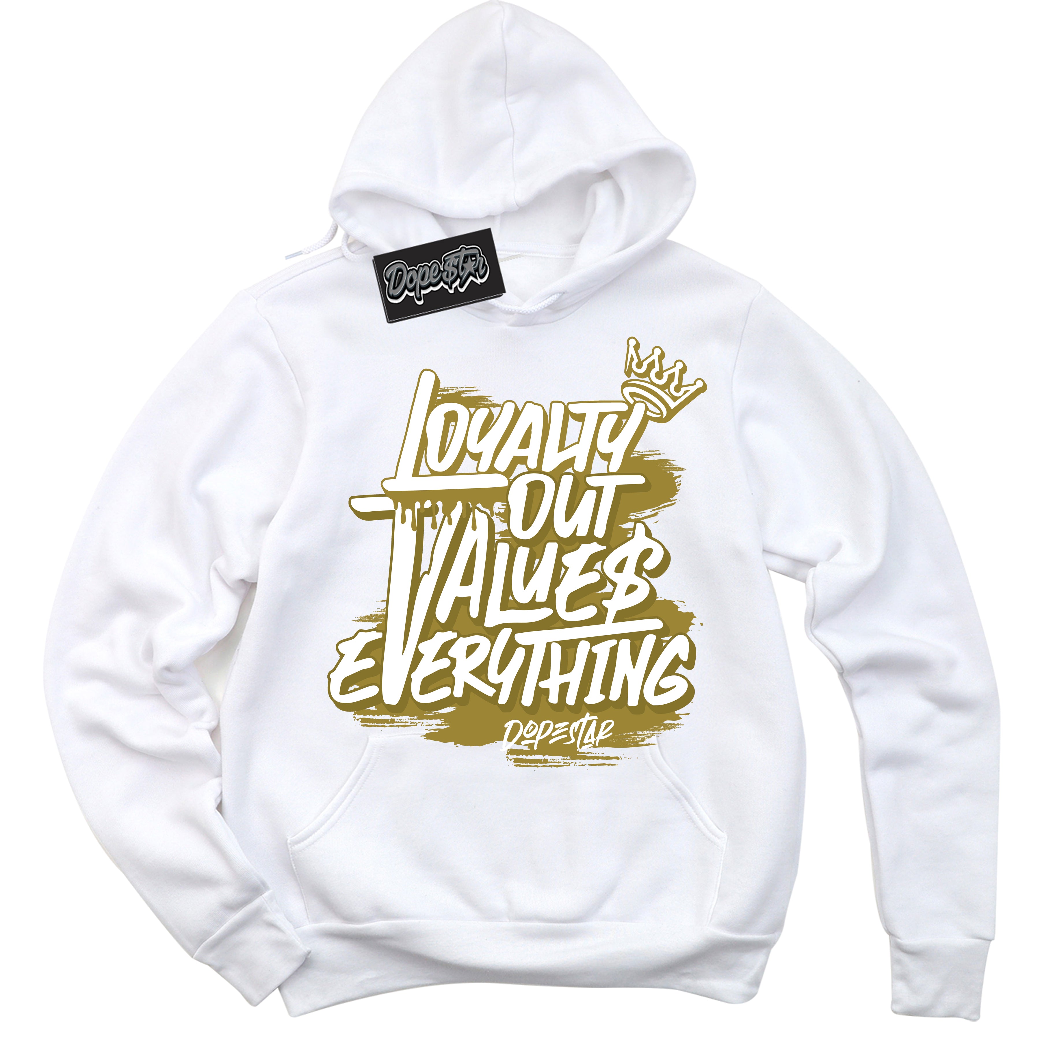 Cool White Hoodie with “ Loyalty Out Values Everything ”  design that Perfectly Matches Pacific Moss Dunks.