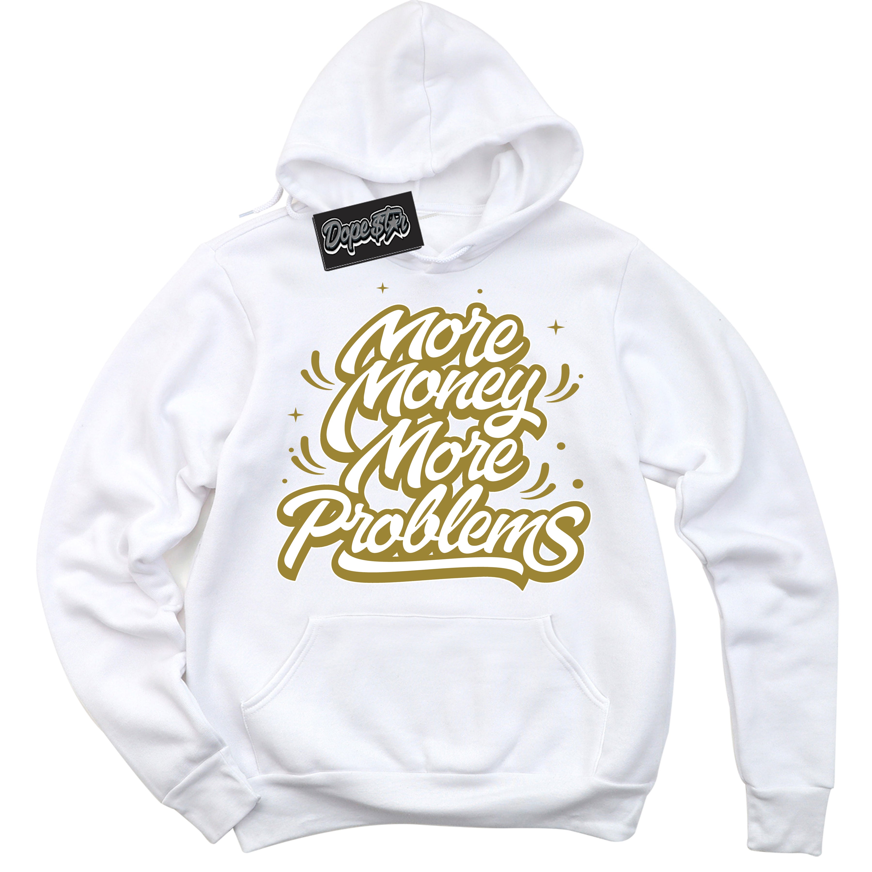 Cool White Hoodie with “ More Money More Problems ”  design that Perfectly Matches Pacific Moss Dunks.