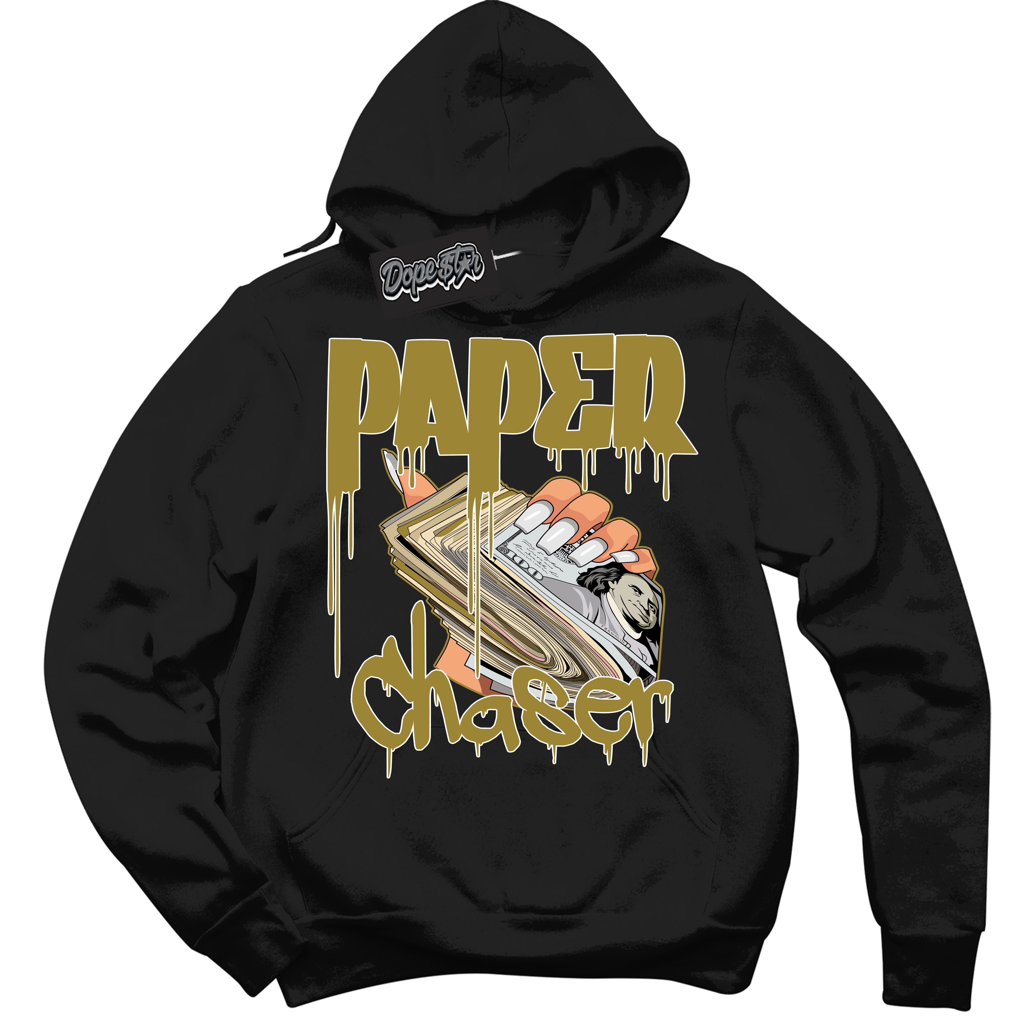 Cool Black Hoodie with “ Paper Chaser ”  design that Perfectly Matches Pacific Moss Dunks.