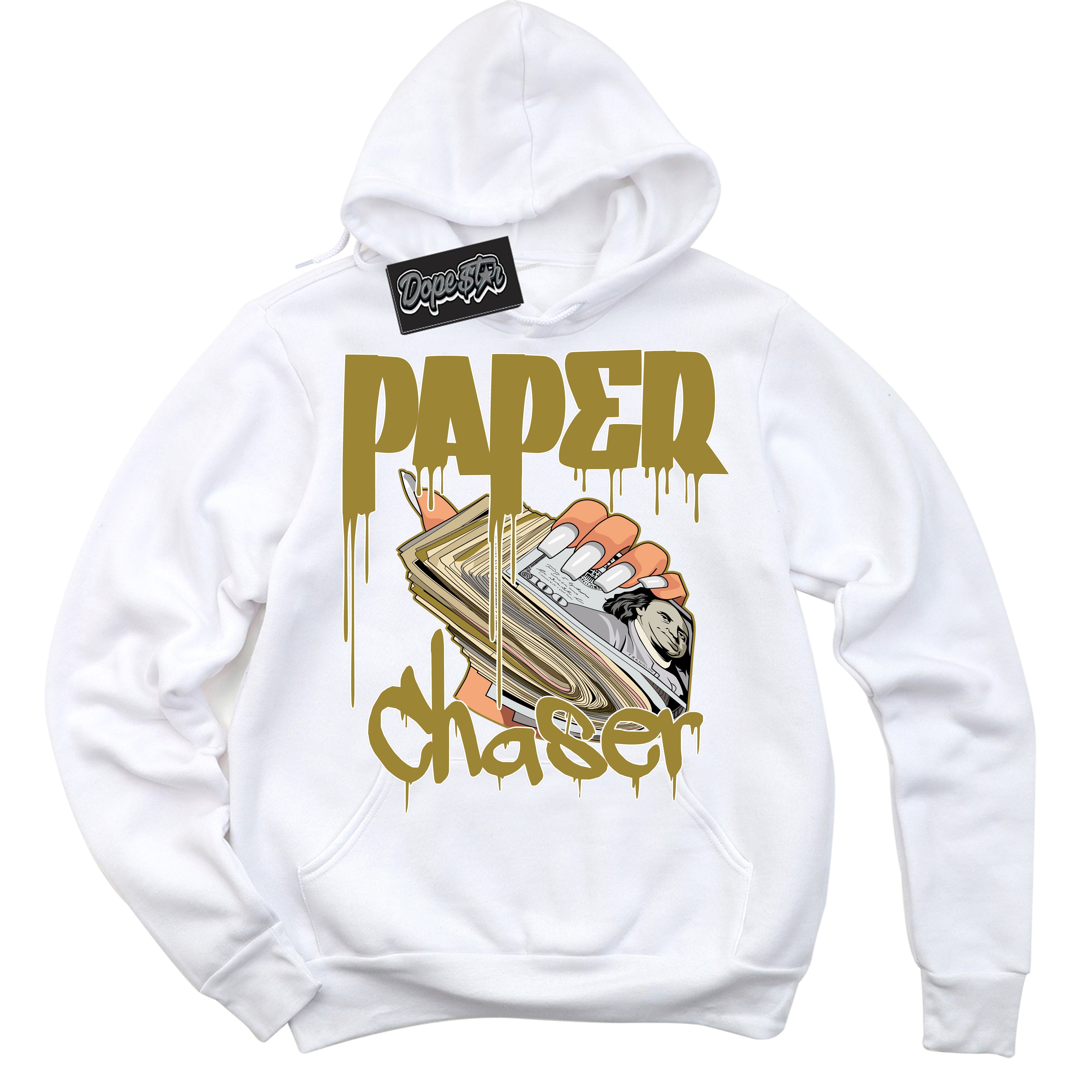 Cool White Hoodie with “ Paper Chaser ”  design that Perfectly Matches Pacific Moss Dunks.