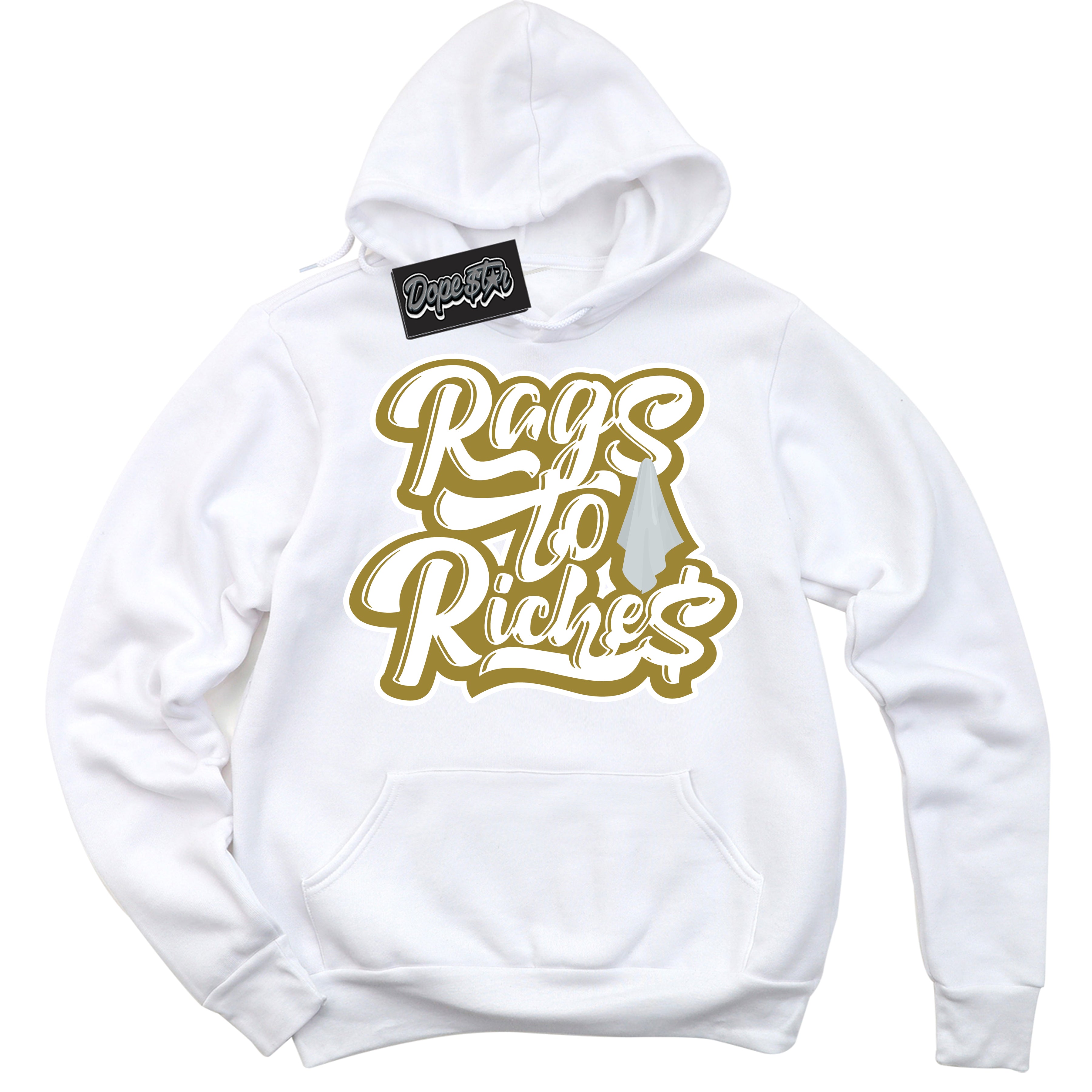 Cool White Hoodie with “ Rags To Riches ”  design that Perfectly Matches Pacific Moss Dunks.