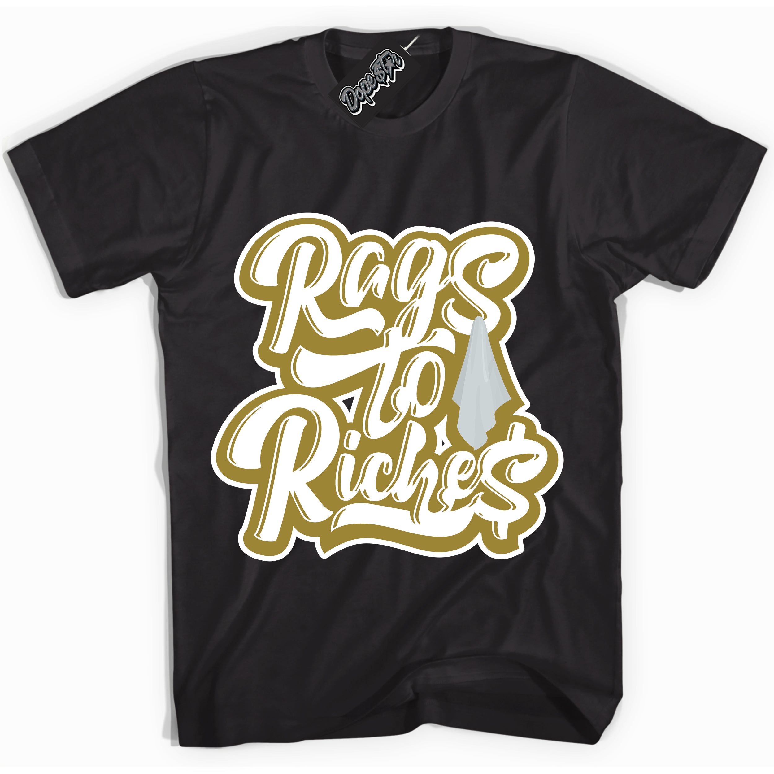 Cool Black Shirt with “ Rags To Riches ” design that perfectly matches Pacific Moss Dunks.
