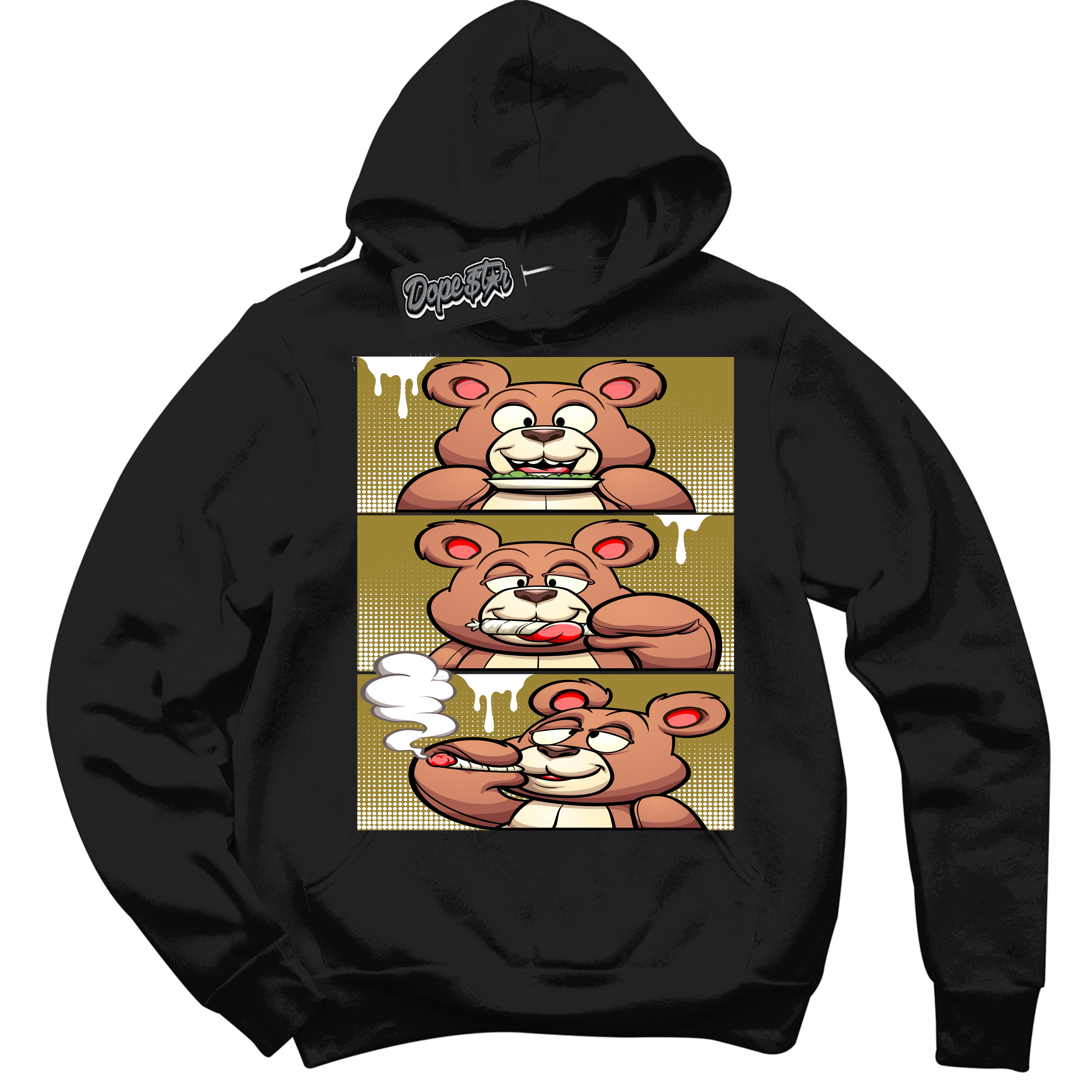 Cool Black Hoodie with “ Roll It Lick It Smoke It Bear ”  design that Perfectly Matches Pacific Moss Dunks.