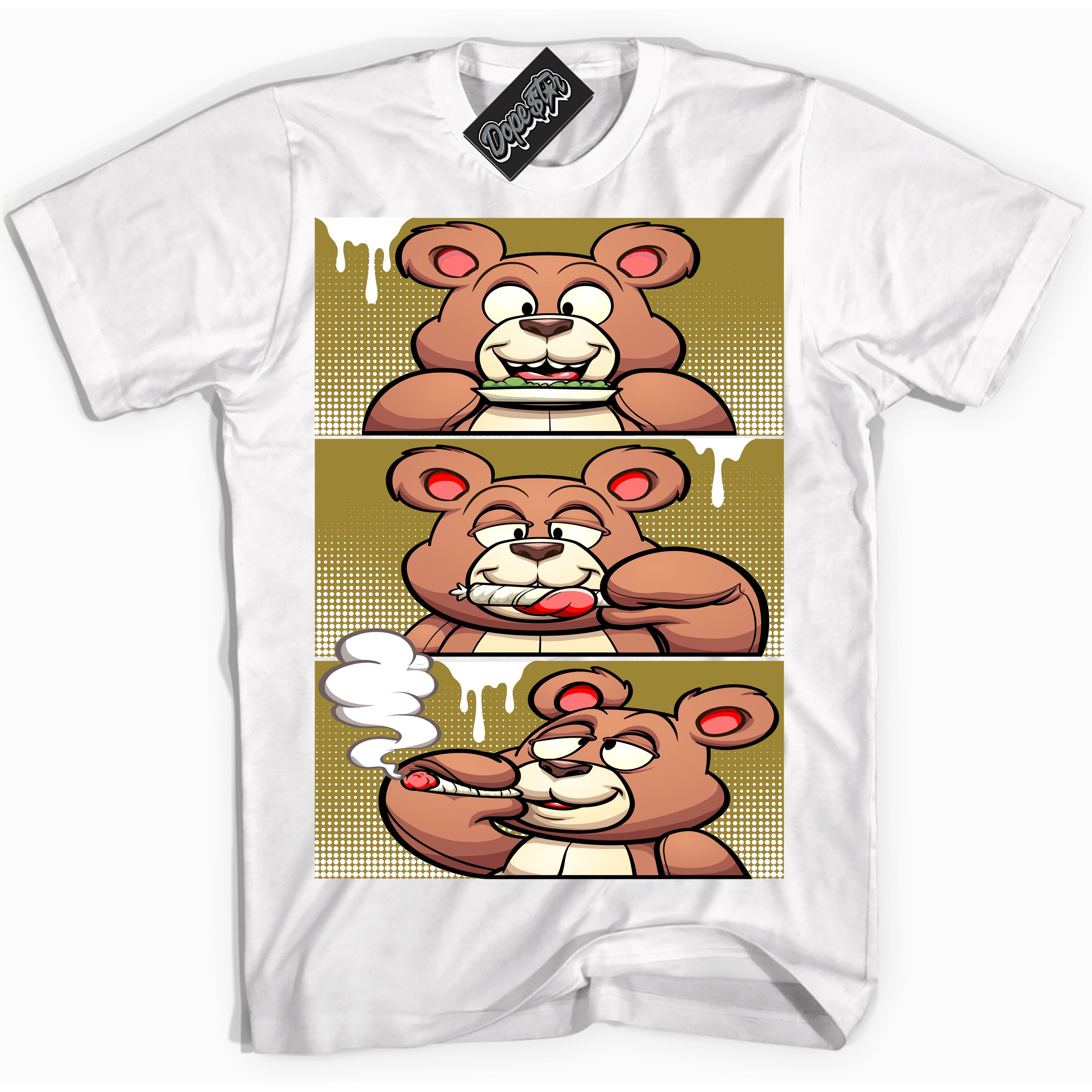 Cool White Shirt with “ Roll It Lick It Smoke It Bear ” design that perfectly matches Pacific Moss Dunks.