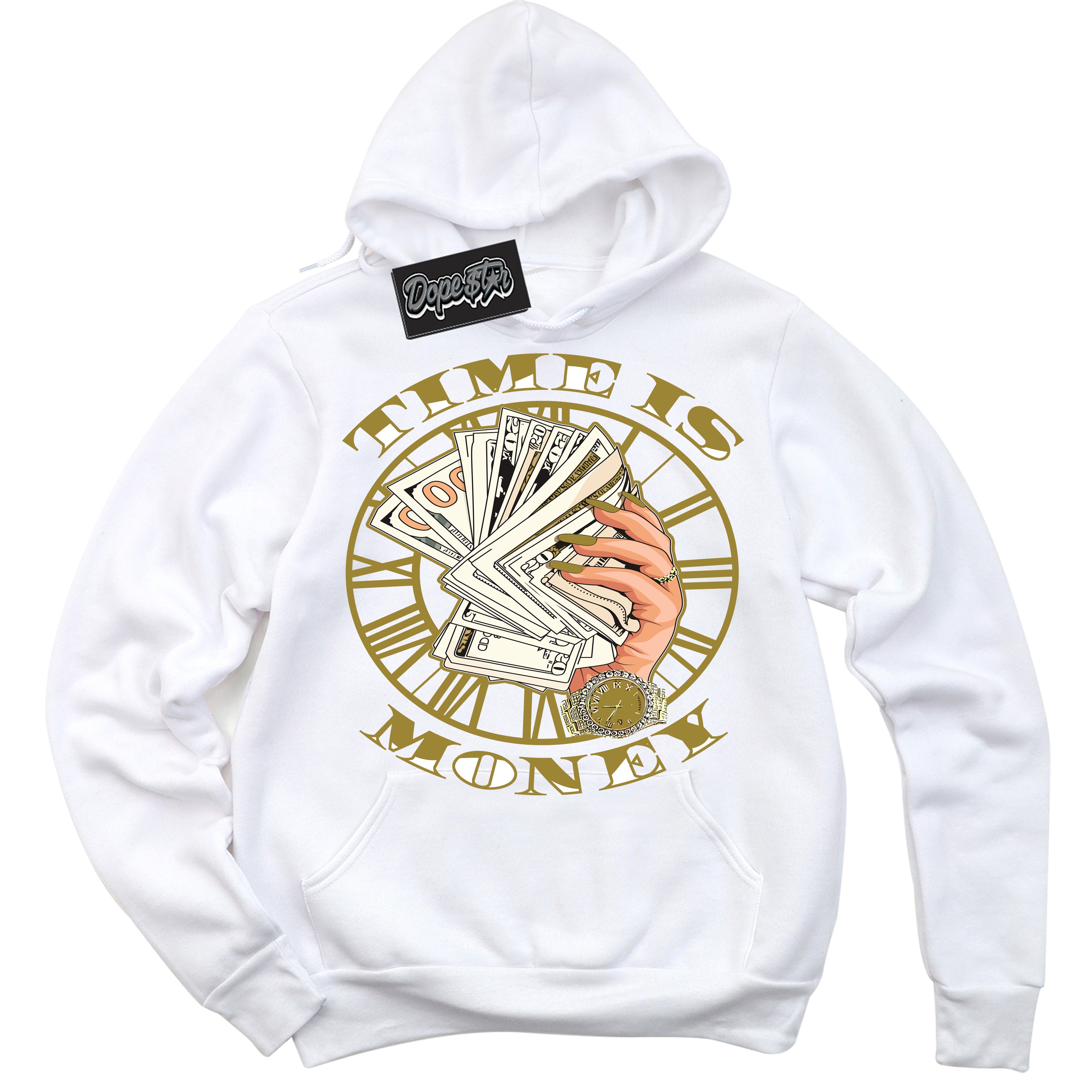 Cool White Hoodie with “ Time Is Money ”  design that Perfectly Matches Pacific Moss Dunks.