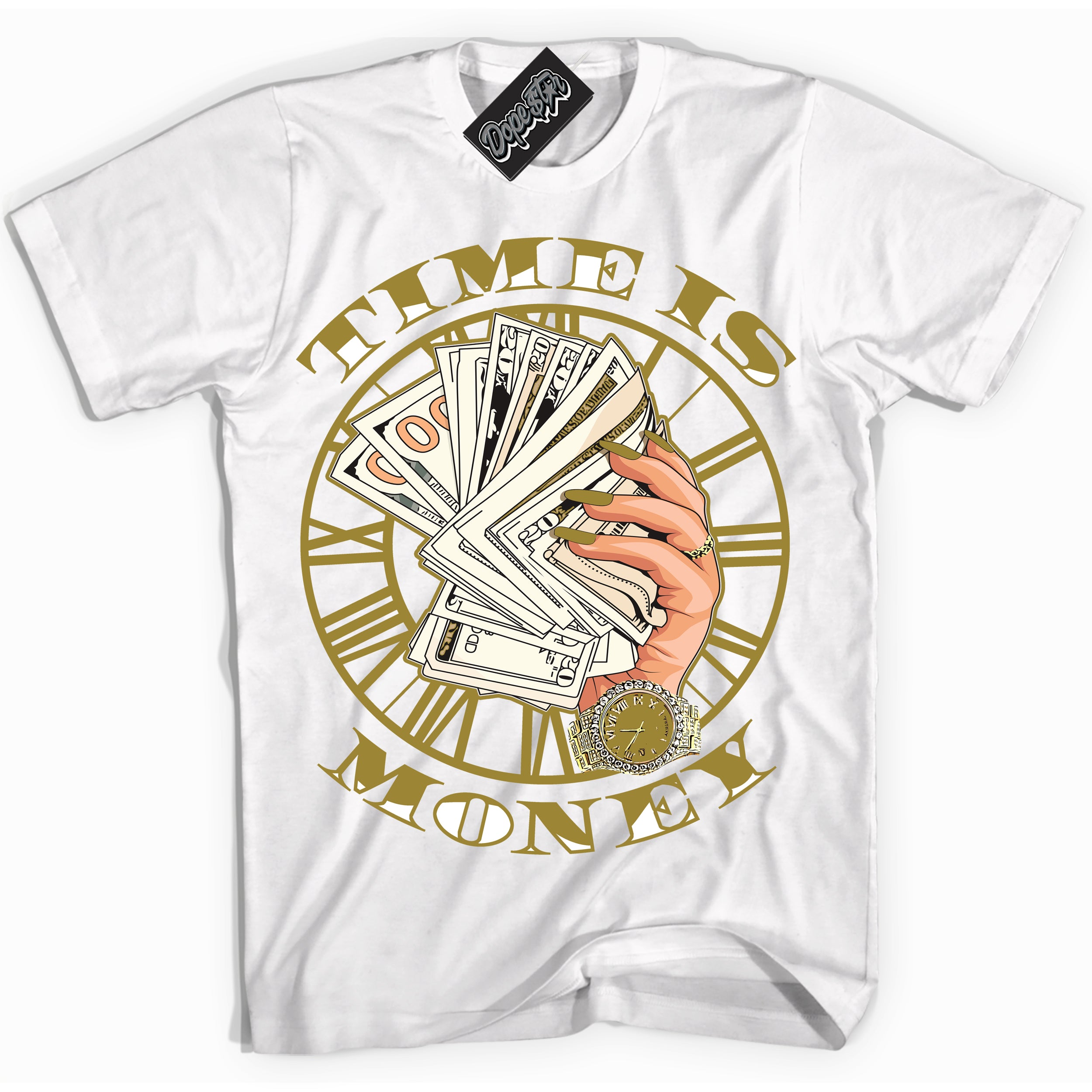 Cool White Shirt with “ Time Is Money ” design that perfectly matches Pacific Moss Dunks.