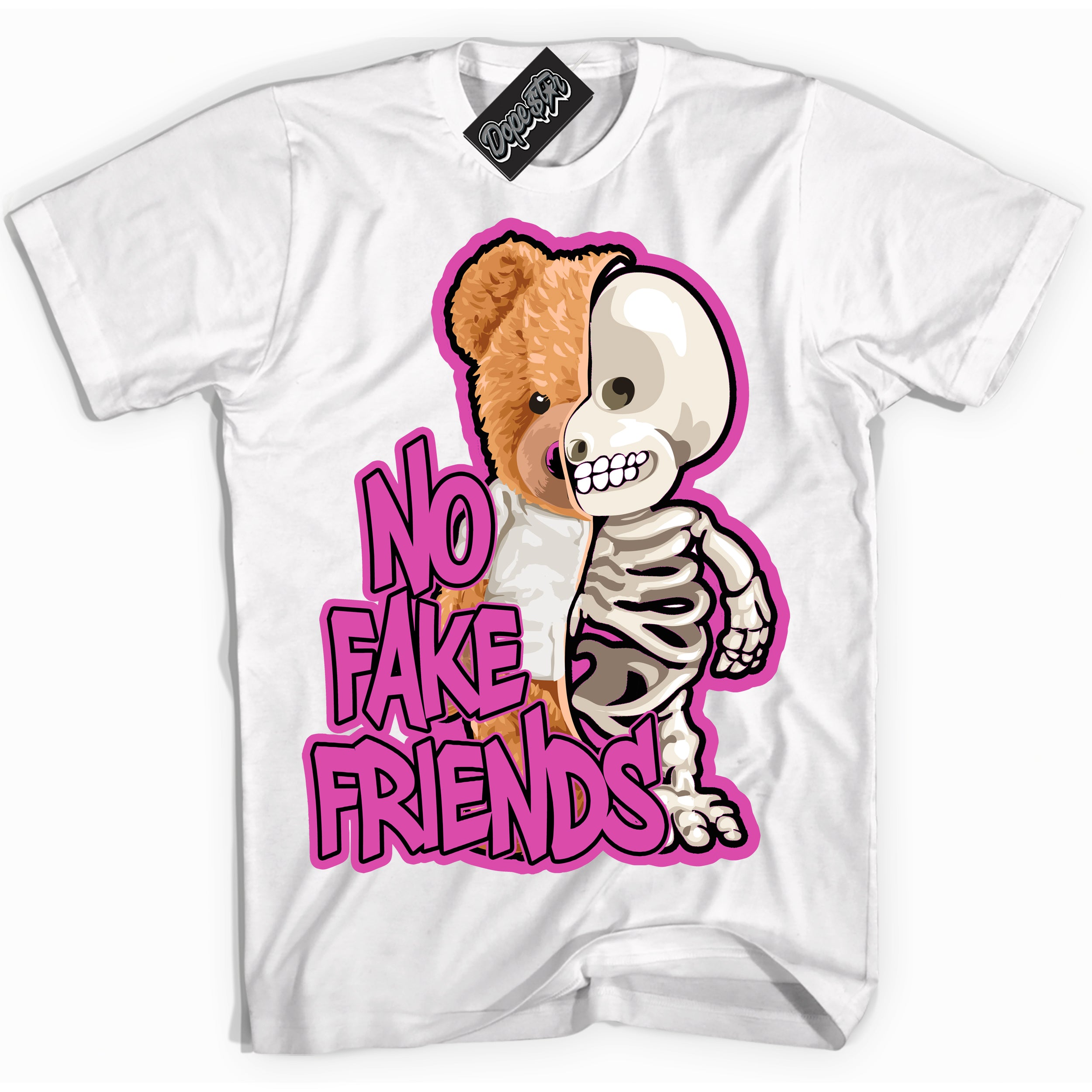 White T-shirt with playful pink and black "No Fake Friends" graphic, made to match Air Max 1 Valentine's Day sneakers | Sneaker Shirts Outlet
