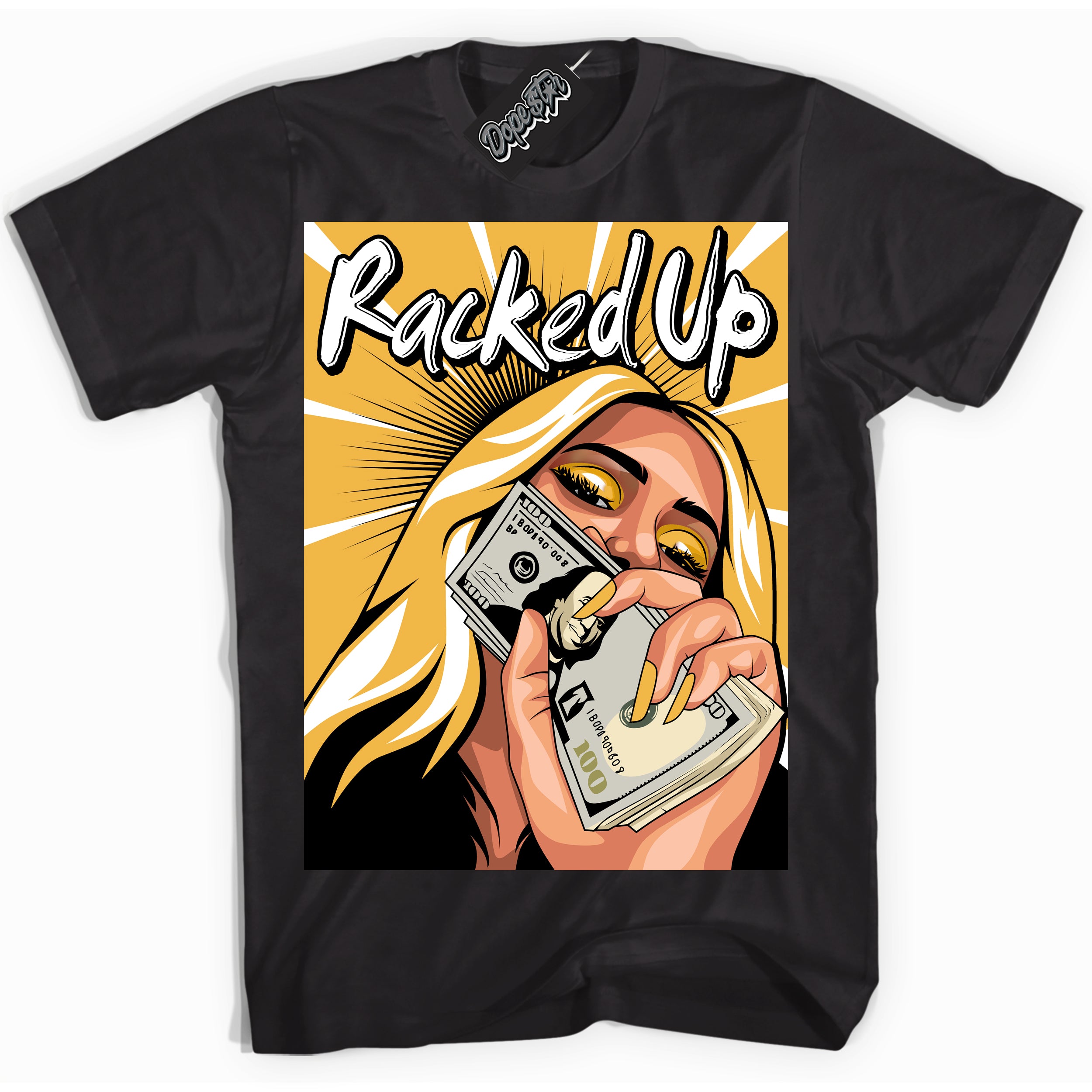 Nike Dunk High Wu-Tang 'Racked Up' Shirt - Black Streetwear Mockup | Sneakerhead T-Shirt Matching Nike Dunk High Wu-Tang | Limited Edition Urban Streetwear for Sneaker Matching OOTD | Outfits that pair perfectly with your ND High Wu-Tang | Sneakerhead Fashion Must-Have Apparel for Men and Women.