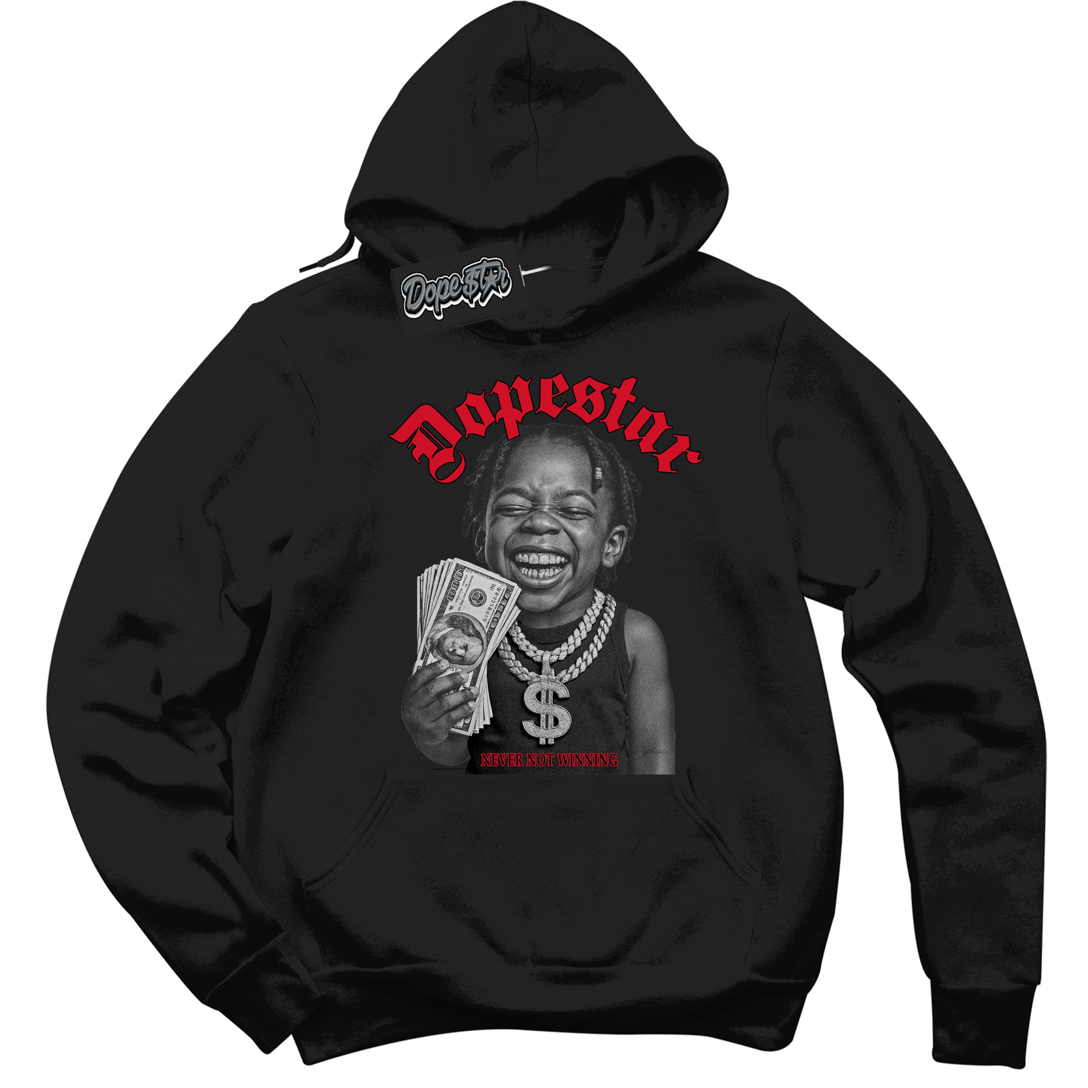 Black “Never Not Winning” Hoodie by Dope Star Brand®, styled to match Bred 1s sneakers