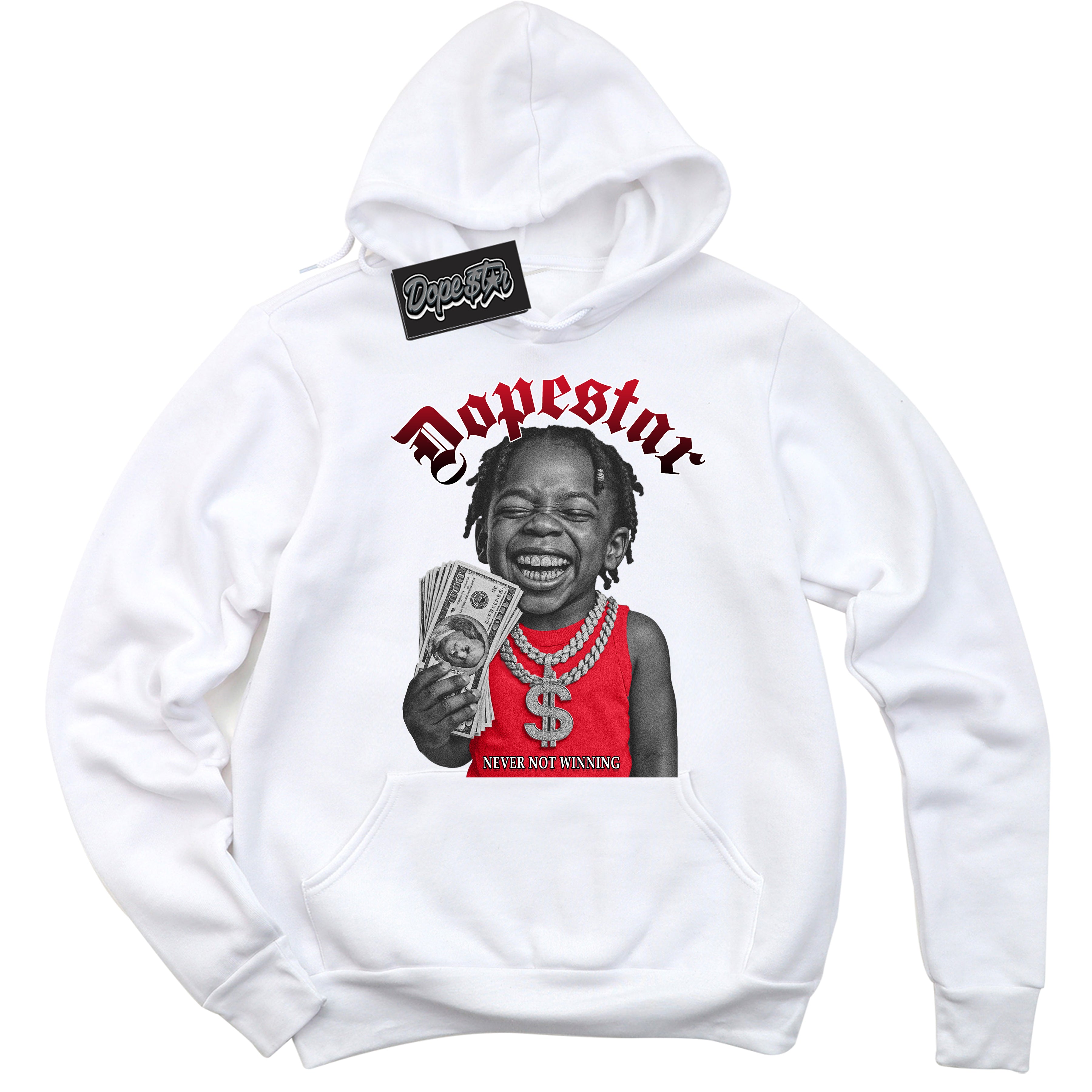 White “Never Not Winning” Hoodie by Dope Star Brand®, styled to match Chicago 1s sneakers