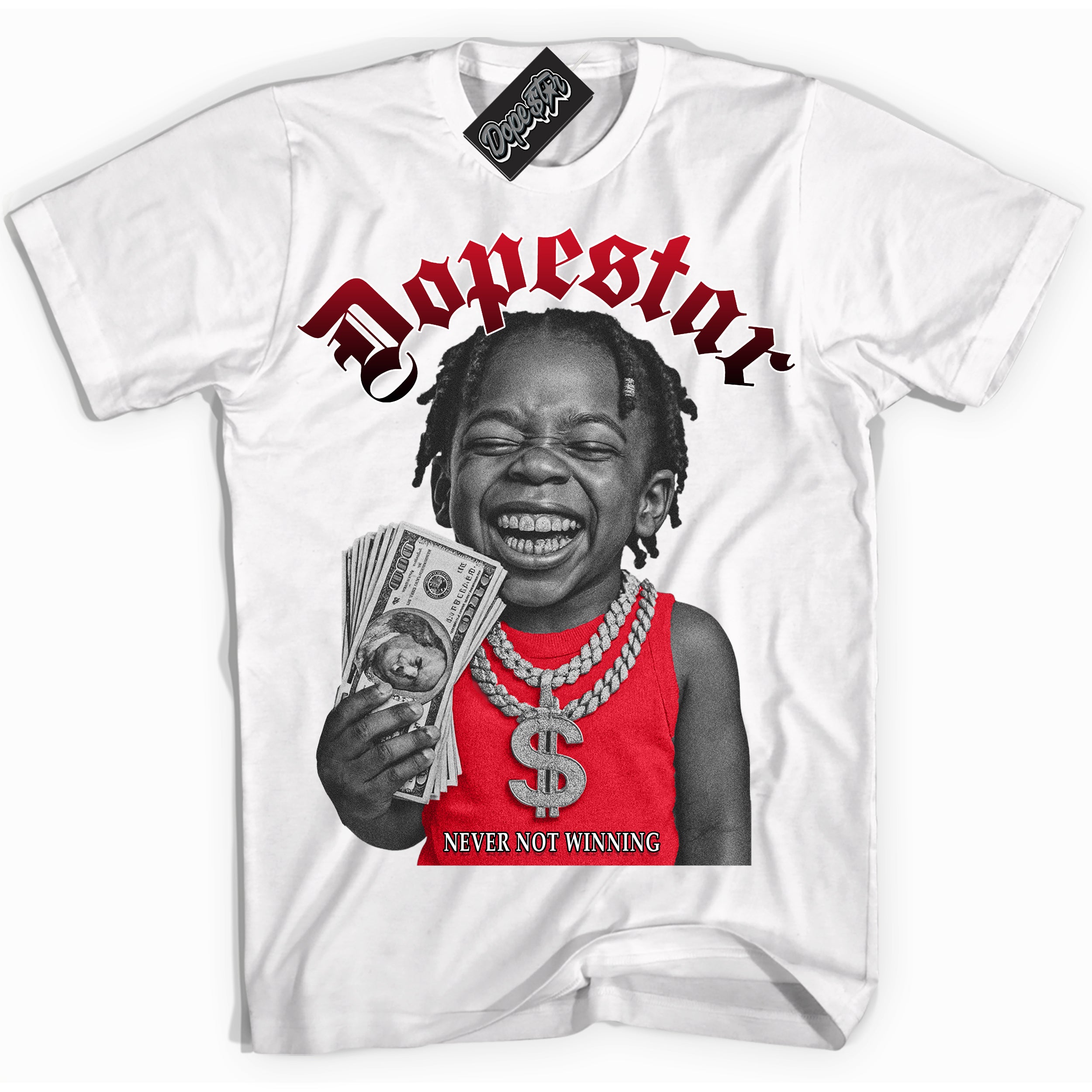 White “Never Not Winning” T-shirt by Dope Star Brand®, styled to match Chicago 1s sneakers