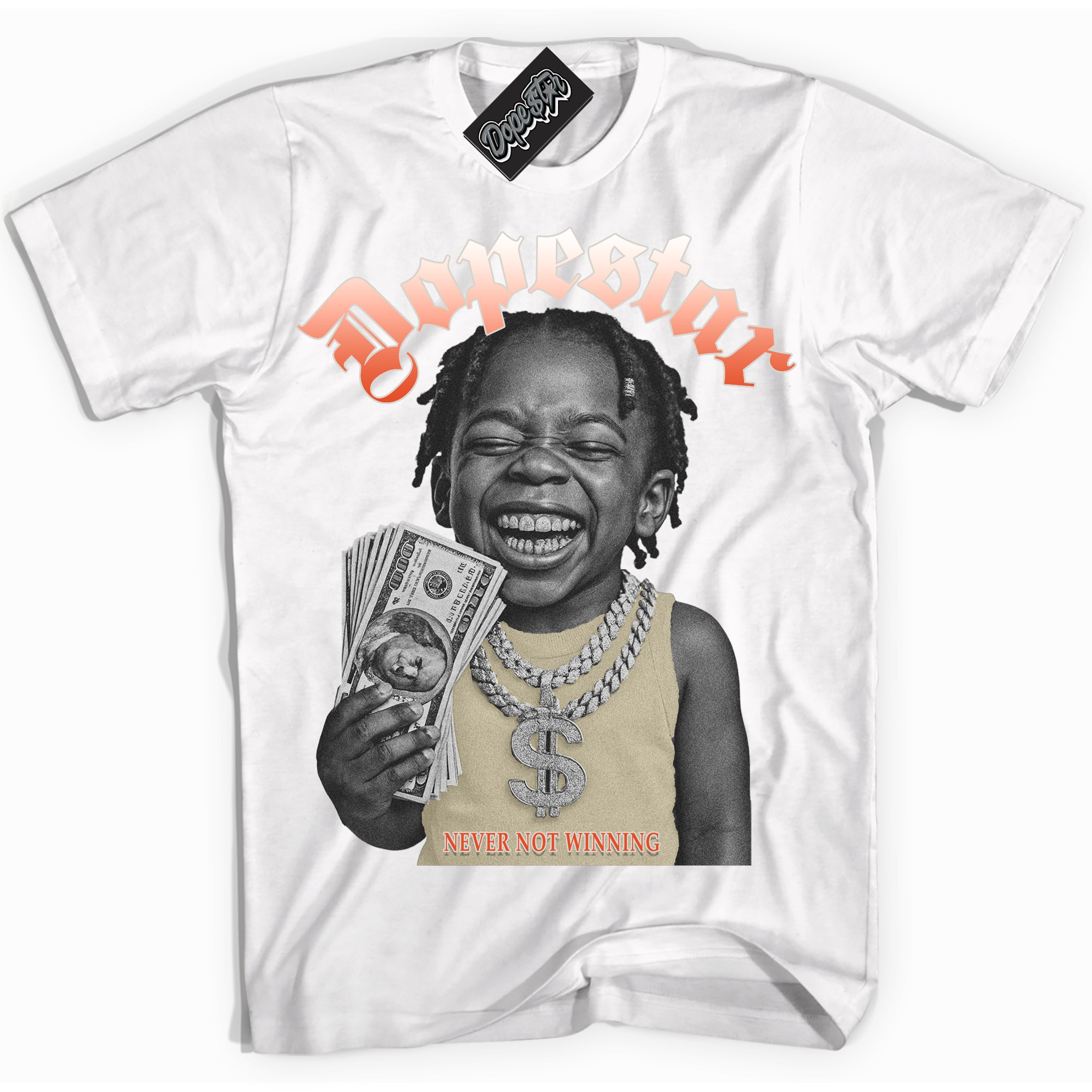 White “Never Not Winning” T-shirt by Dope Star Brand®, styled to match Cinnabar 1s sneakers