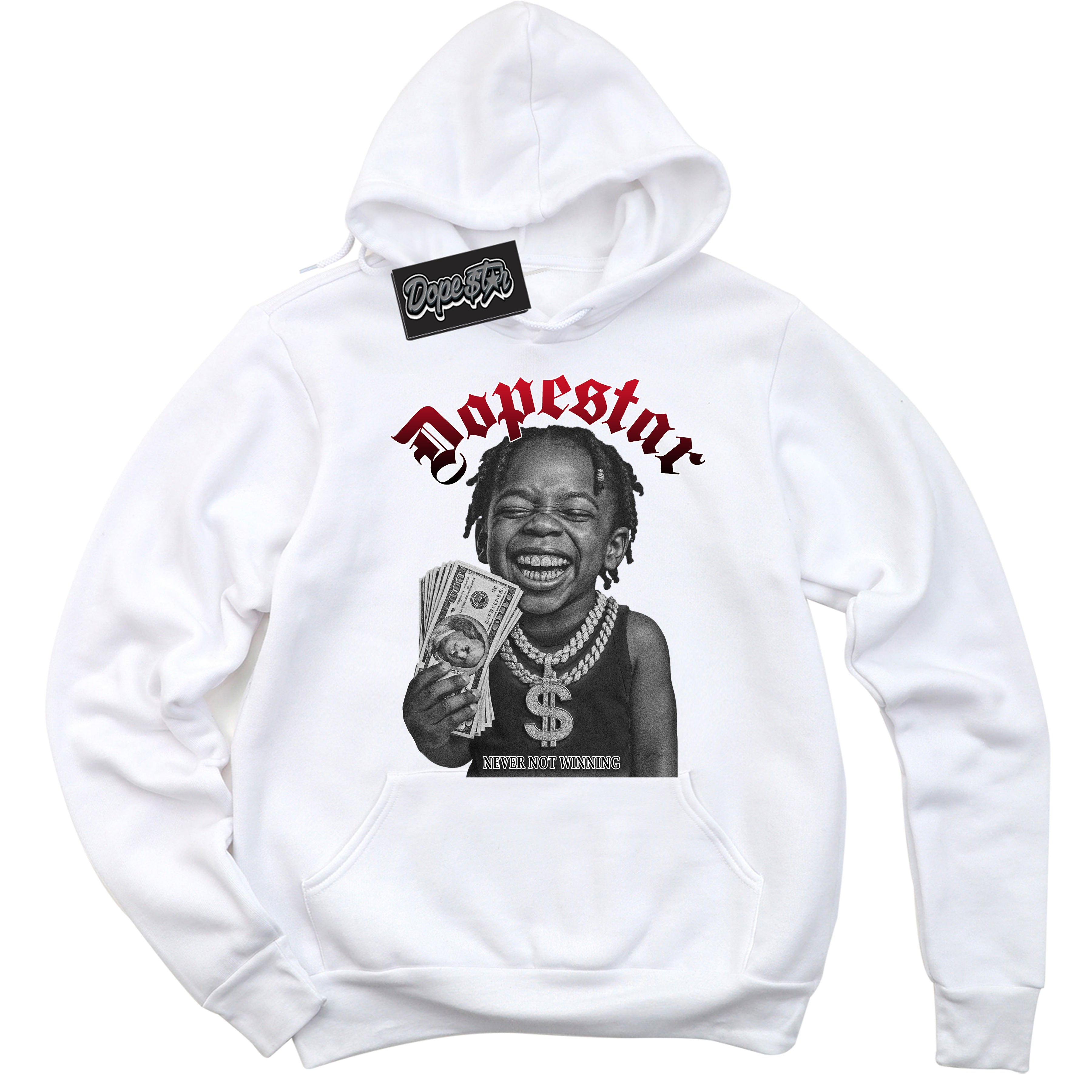 White “Never Not Winning” Hoodie by Dope Star Brand®, styled to match Black Toe 1s sneakers