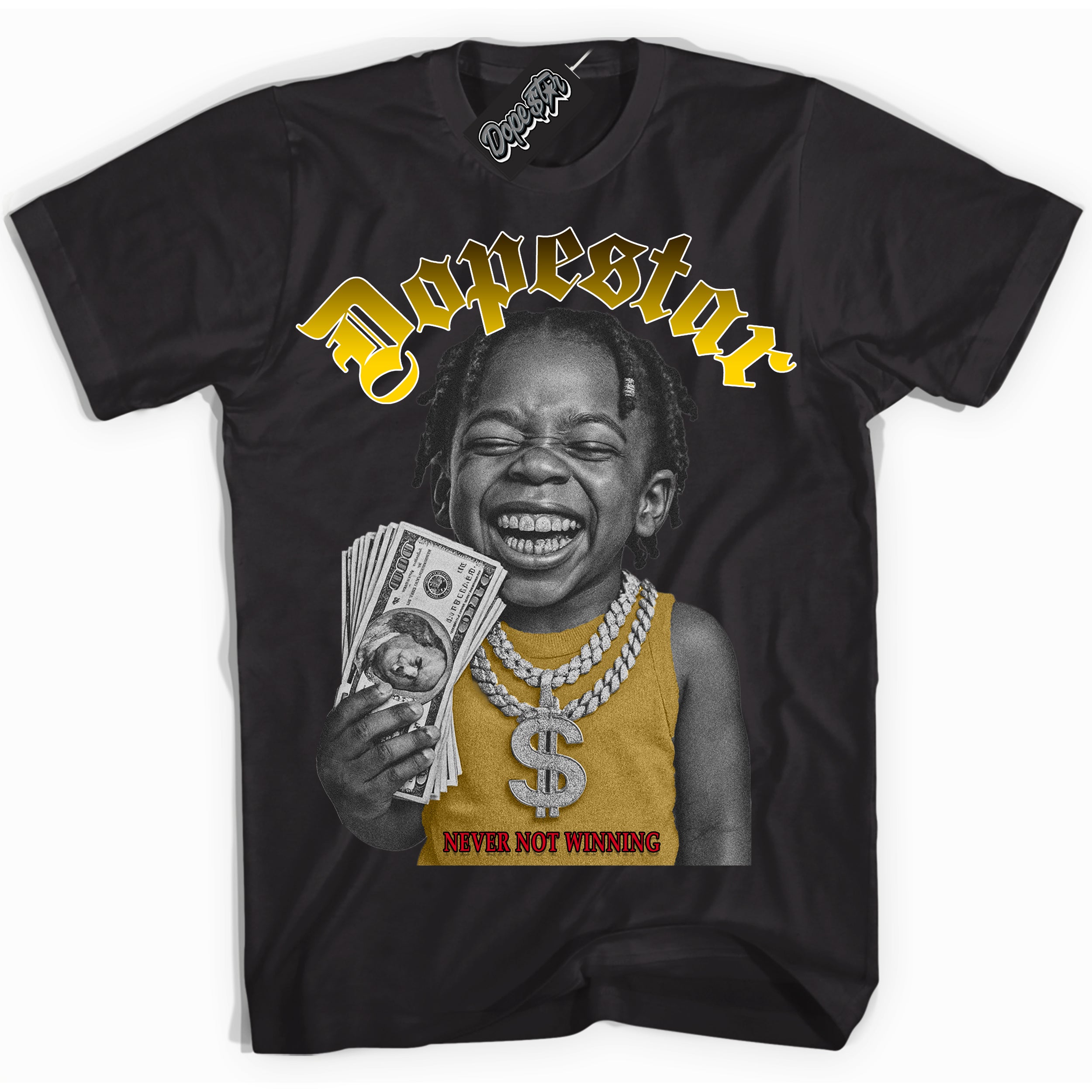 Black “Never Not Winning” T-shirt by Dope Star Brand®, styled to match Quai 54 1s sneakers