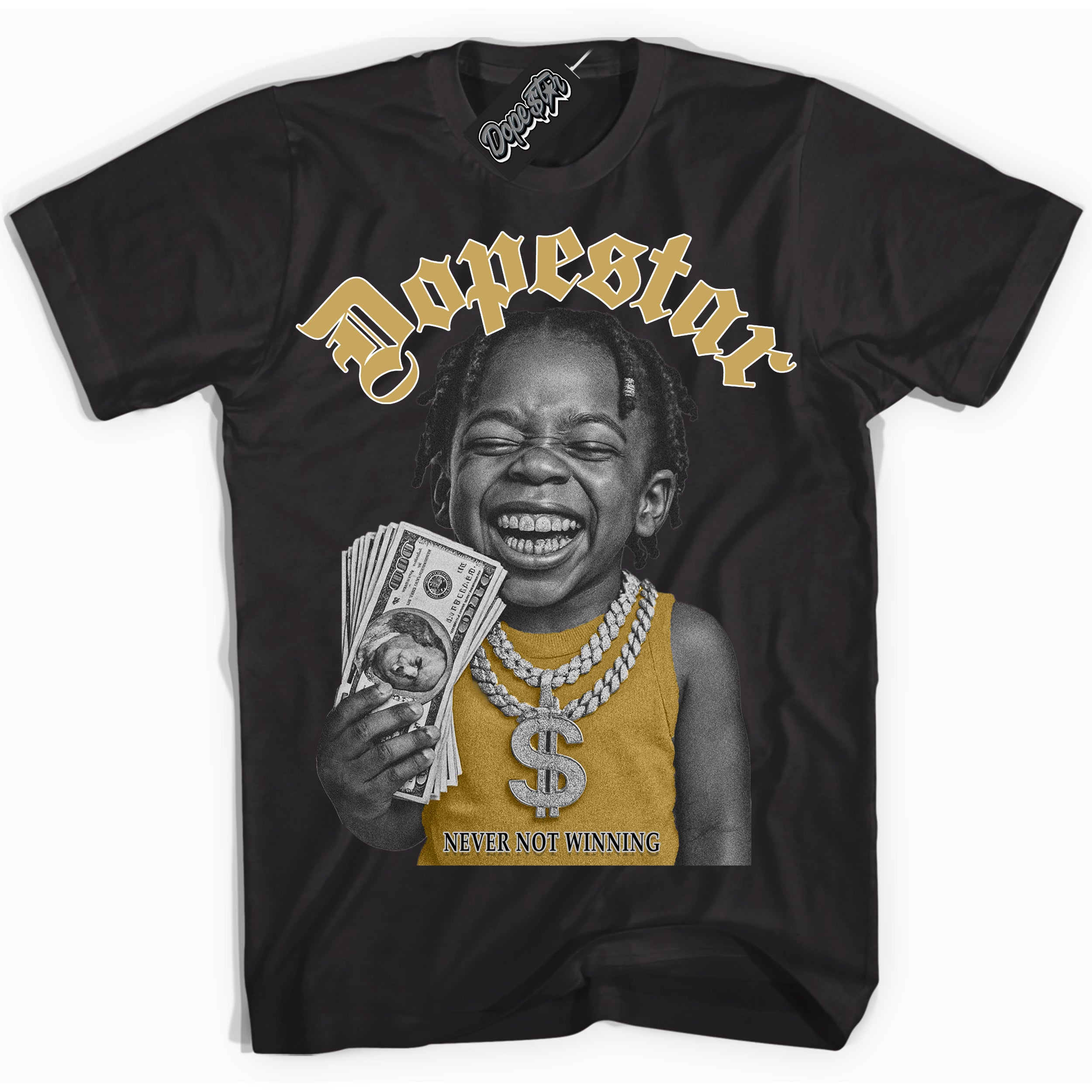 Black “Never Not Winning” T-shirt by Dope Star Brand®, styled to match Rookie of The Year 1s sneakers