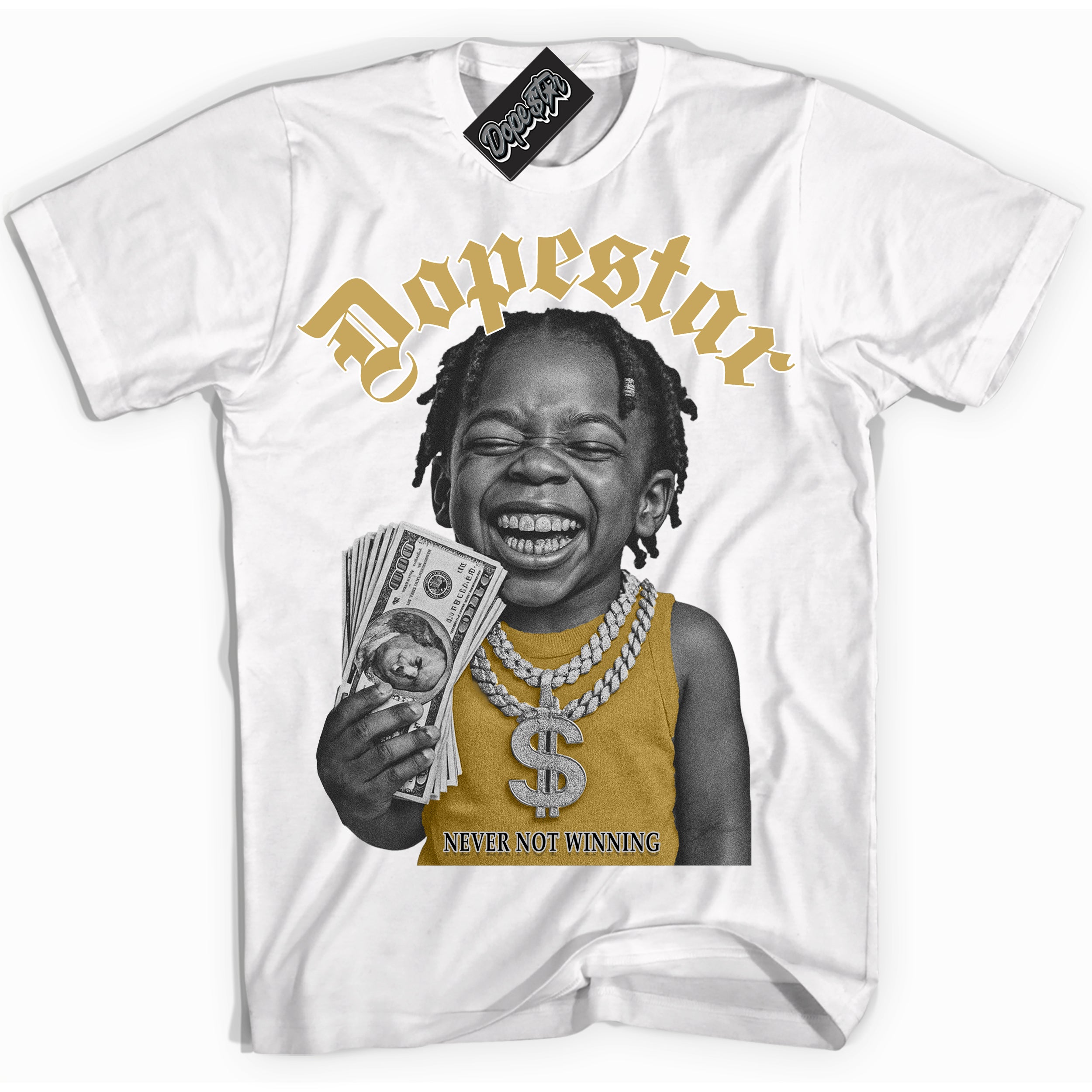 White “Never Not Winning” T-shirt by Dope Star Brand®, styled to match Rookie of The Year 1s sneakers