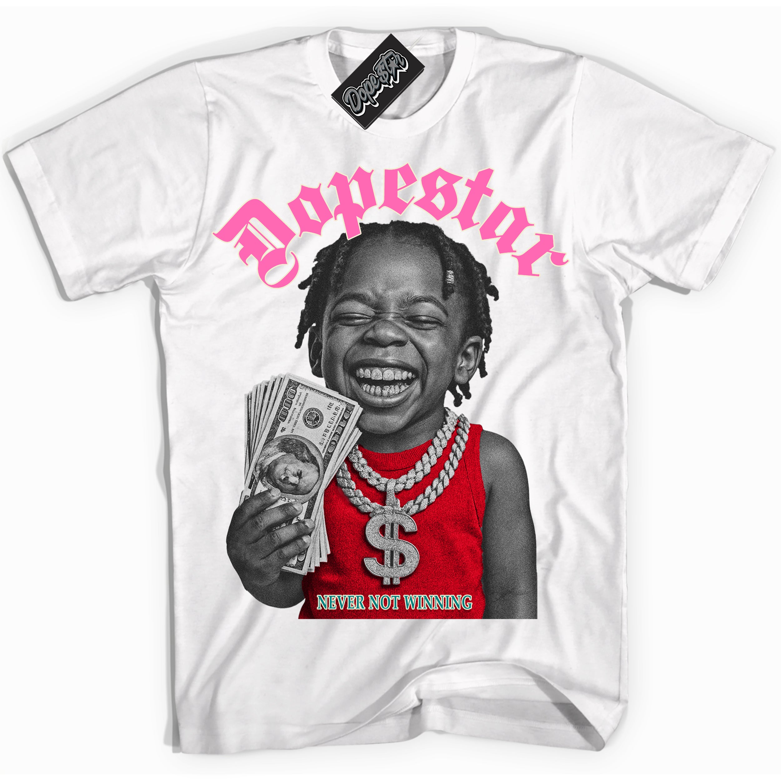White “Never Not Winning” T-shirt by Dope Star Brand®, styled to match Pink Satin 1s sneakers
