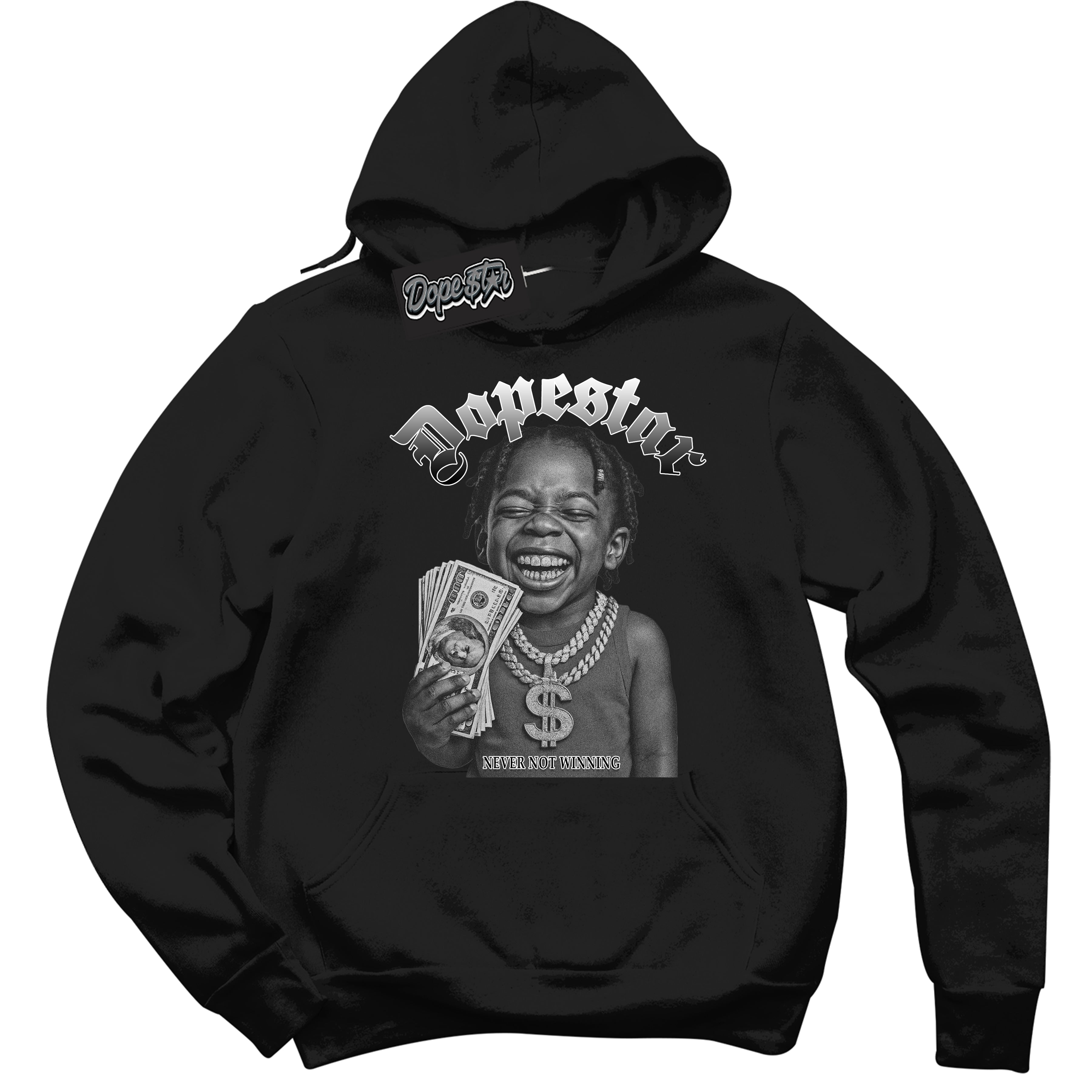Black “Never Not Winning” Hoodie by Dope Star Brand®, styled to match Shadow 1s sneakers