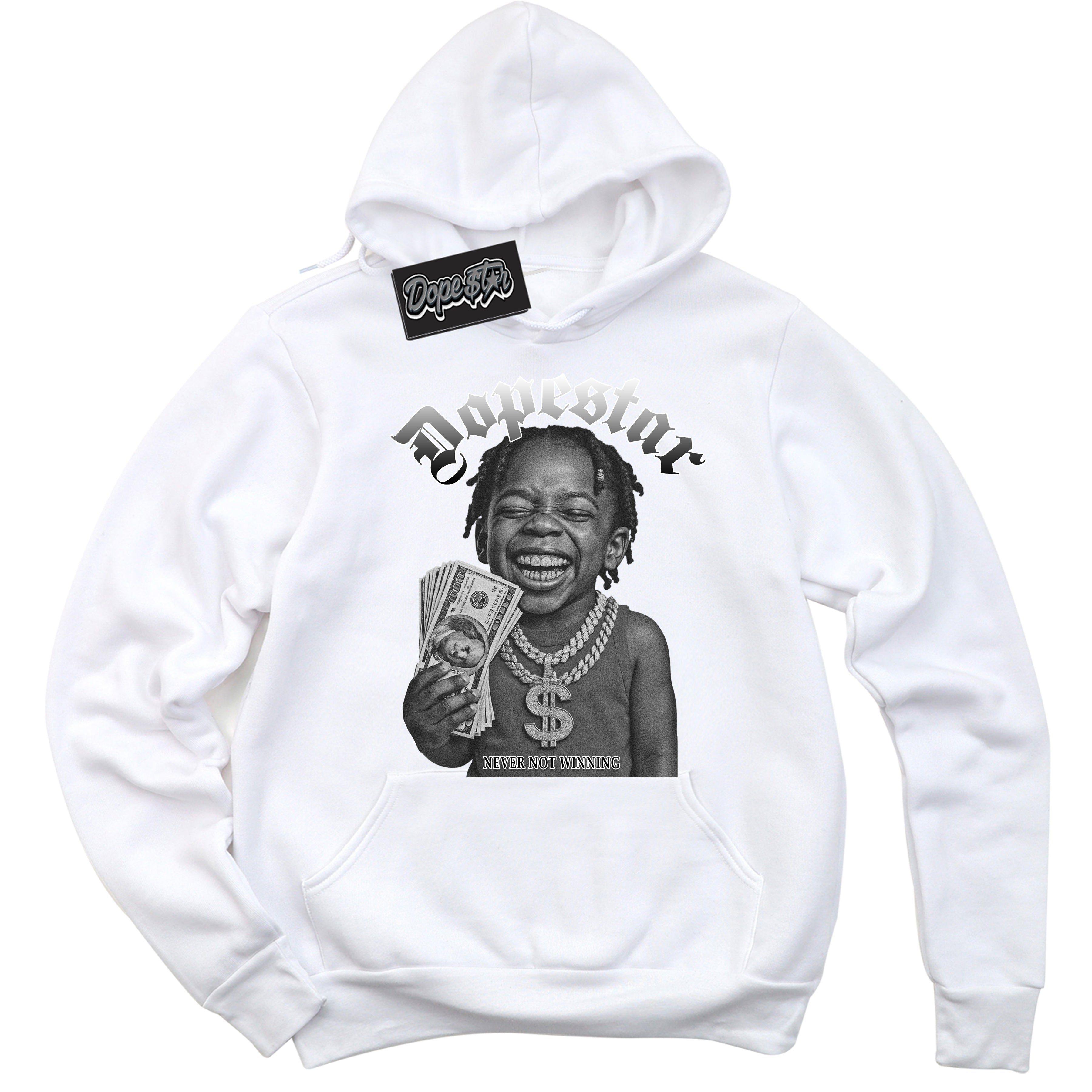 White “Never Not Winning” Hoodie by Dope Star Brand®, styled to match Shadow 1s sneakers