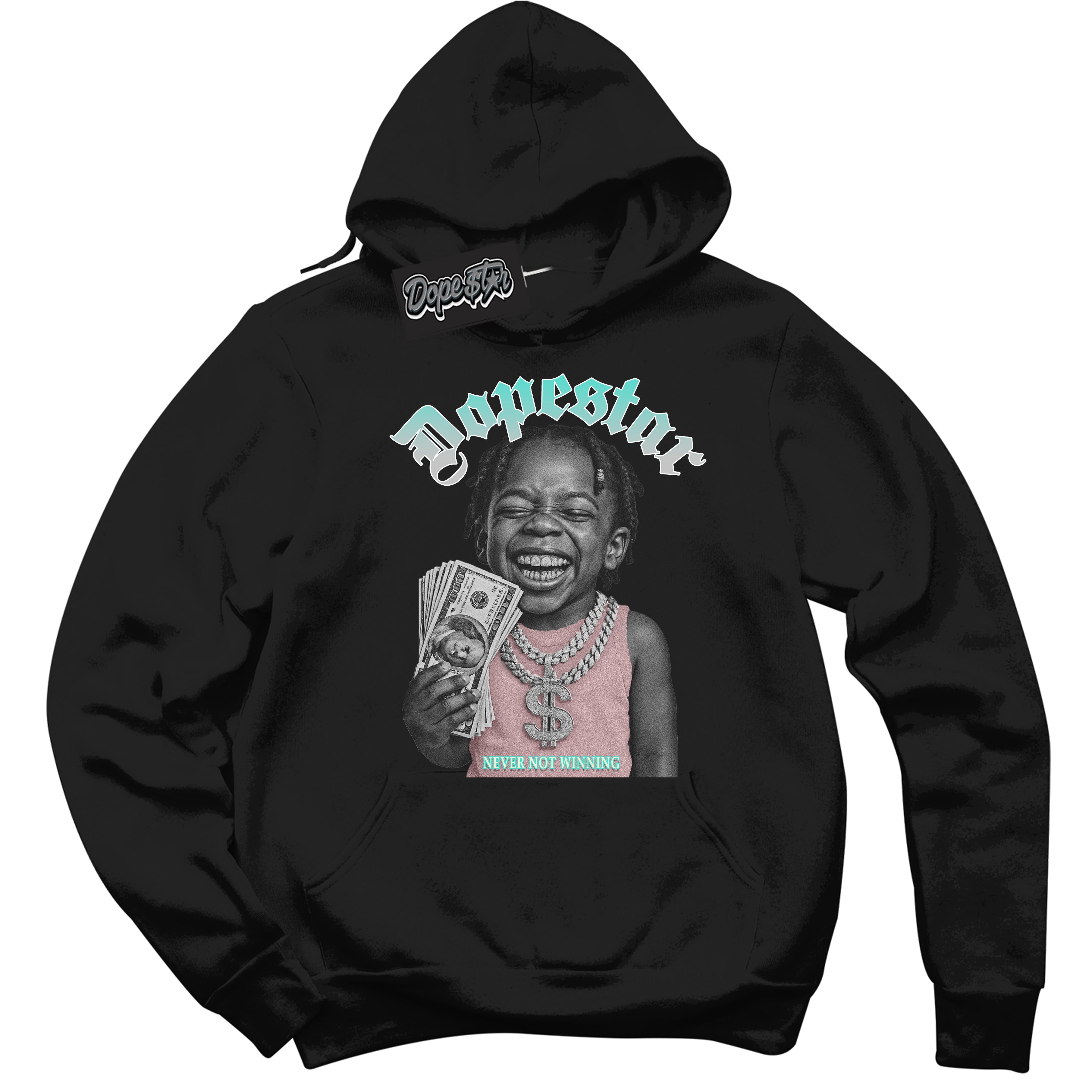 Black “Never Not Winning” Hoodie by Dope Star Brand®, styled to match Soft Pearl 1s sneakers