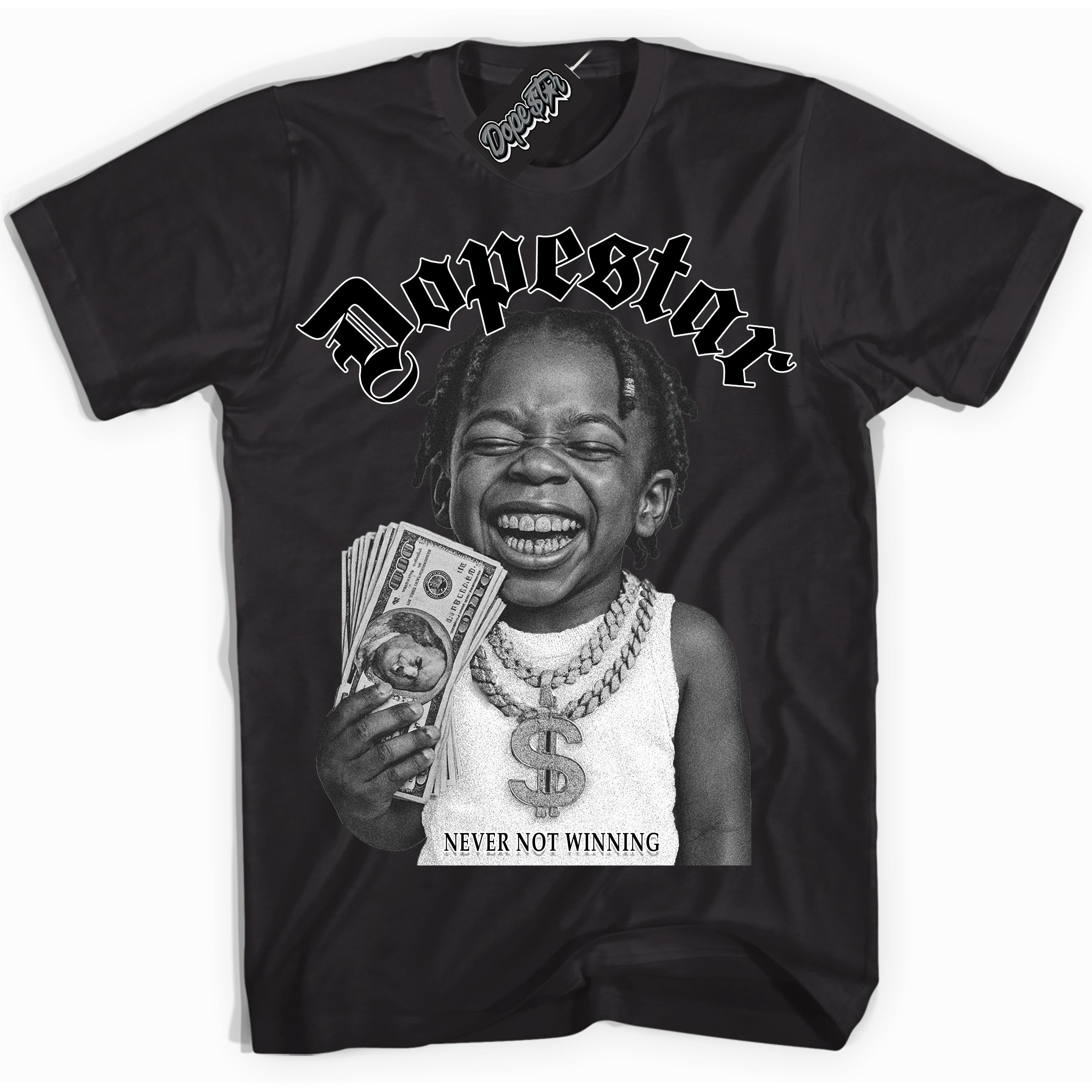 Black “Never Not Winning” T-shirt by Dope Star Brand®, styled to match Panda Dunk sneakers