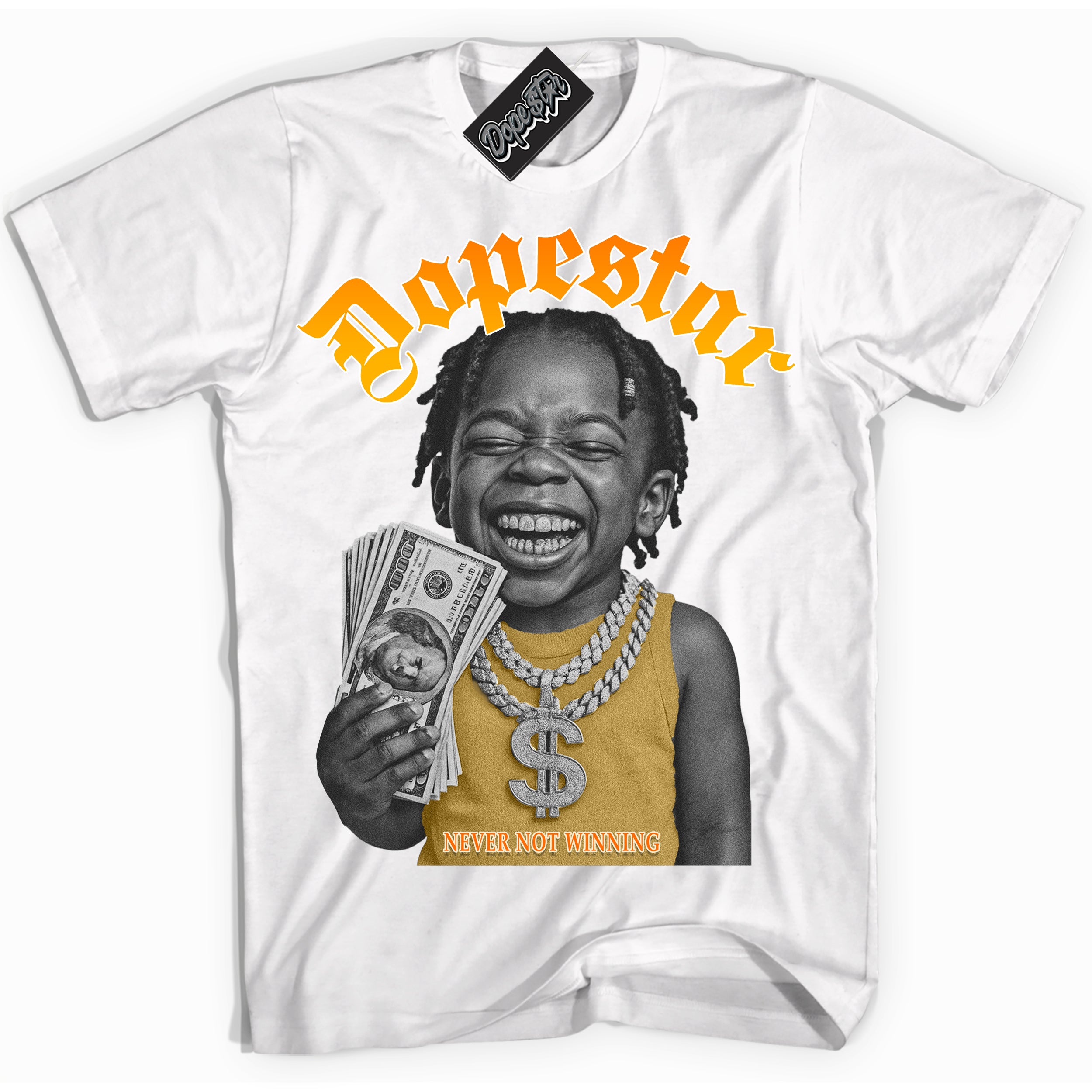 White “Never Not Winning” T-shirt by Dope Star Brand®, styled to match Saturn Gold Dunk sneakers