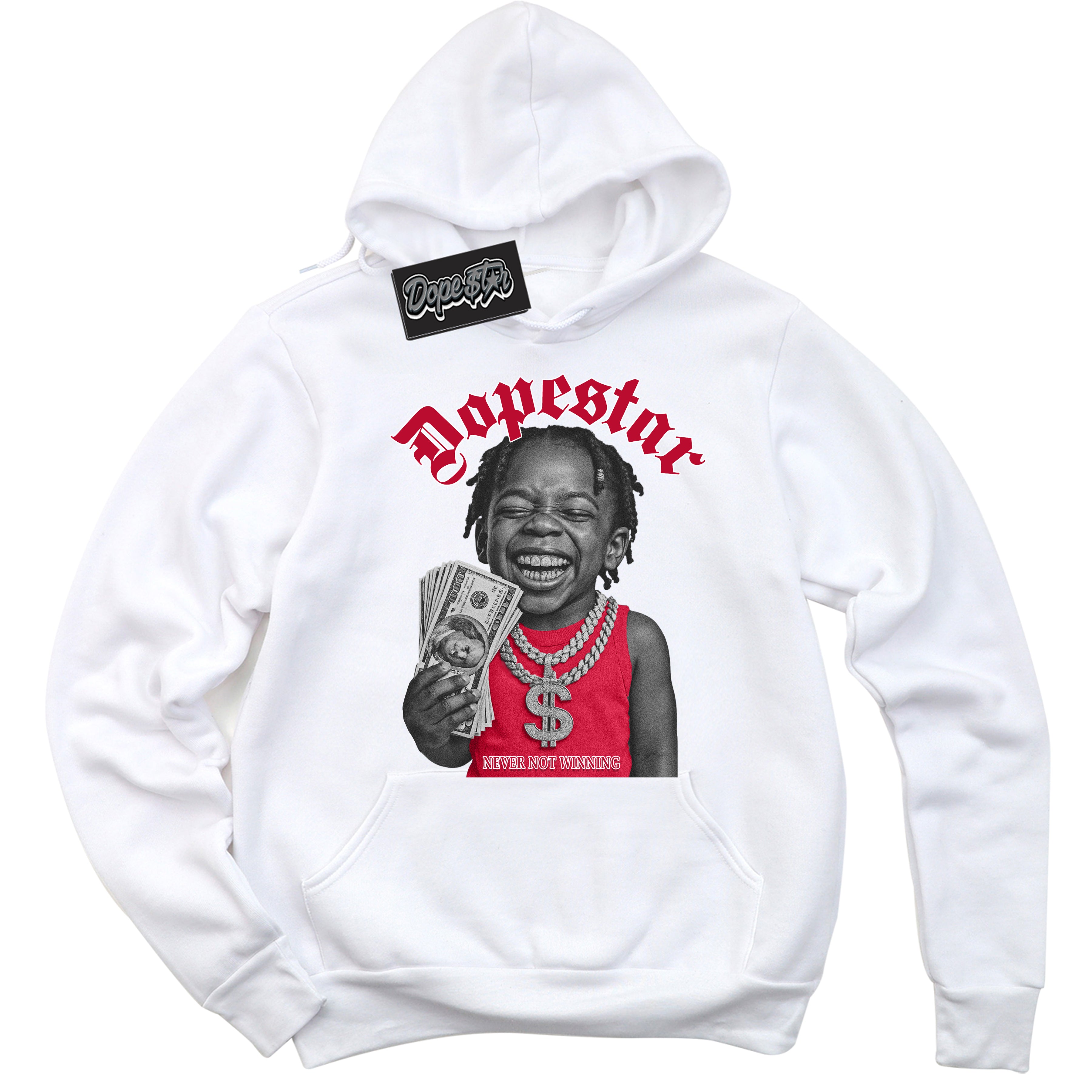 White “Never Not Winning” Hoodie by Dope Star Brand®, styled to match University Red Dunk sneakers