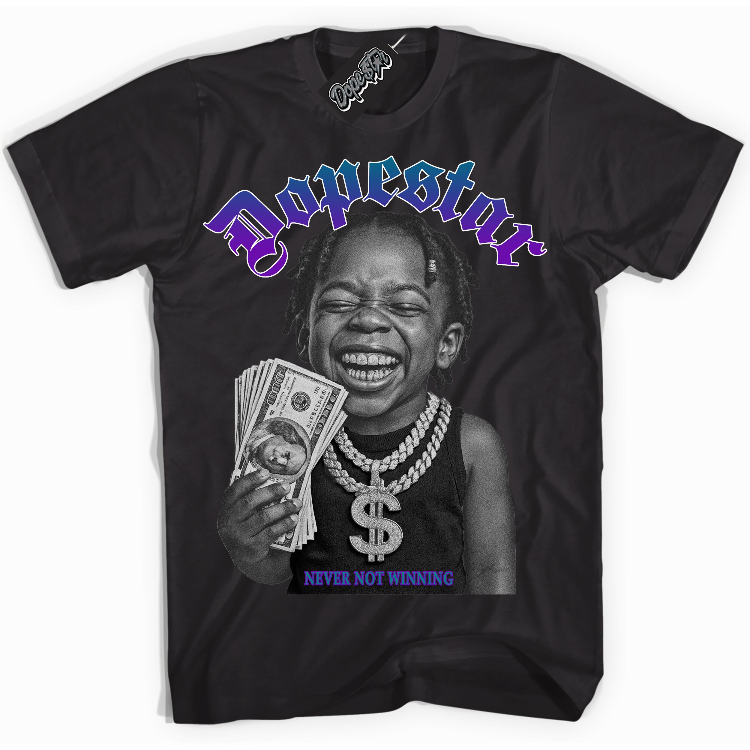 Black “Never Not Winning” T-shirt by Dope Star Brand®, styled to match Wizard Dunk sneakers