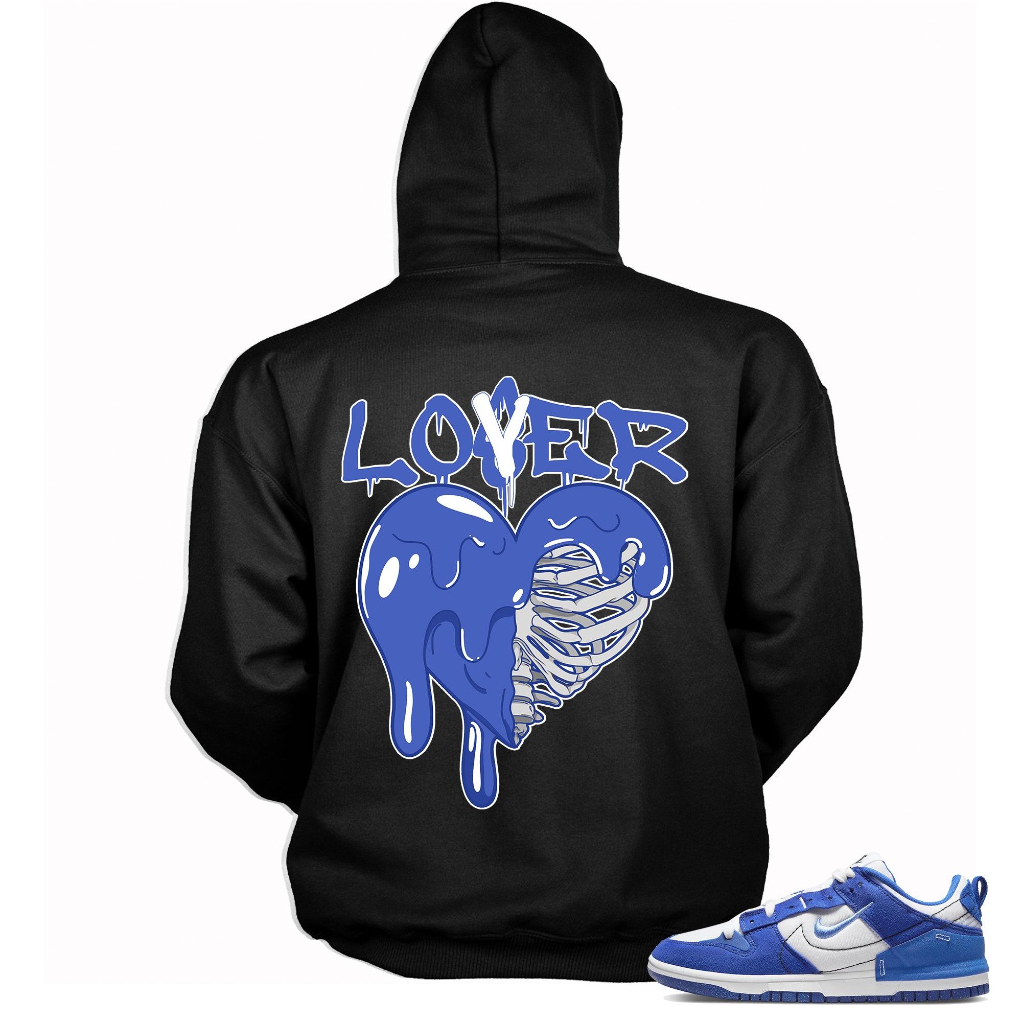 Cool Black Graphic Hoodie with “ Lover Loser“ print, that perfectly matches Nike Dunk Disrupt 2 Hyper Royal sneakers