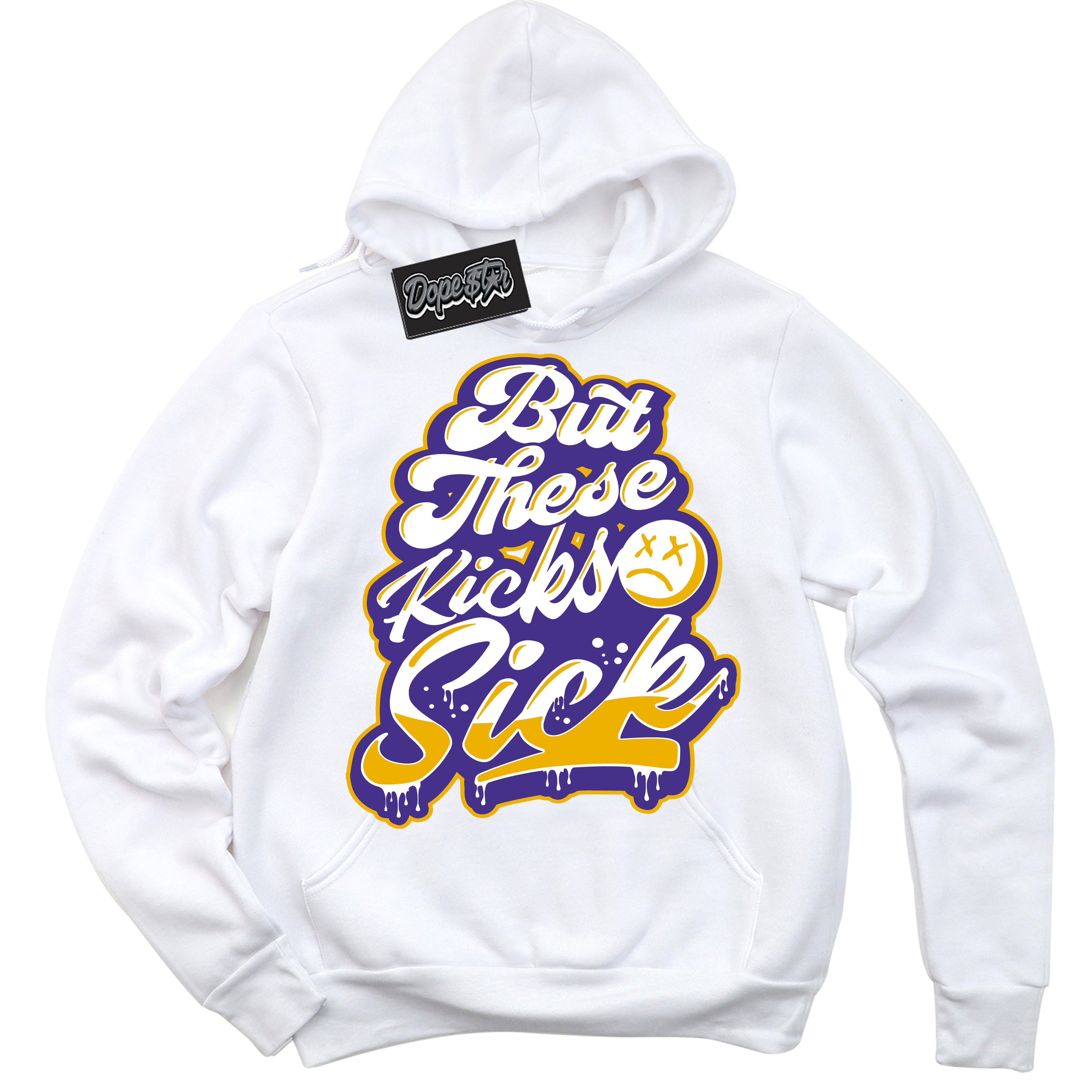 Cool White Hoodie with “Kick Sick” design that Perfectly Matches Air Force 1 QS Kobe Lakers Home Sneakers.