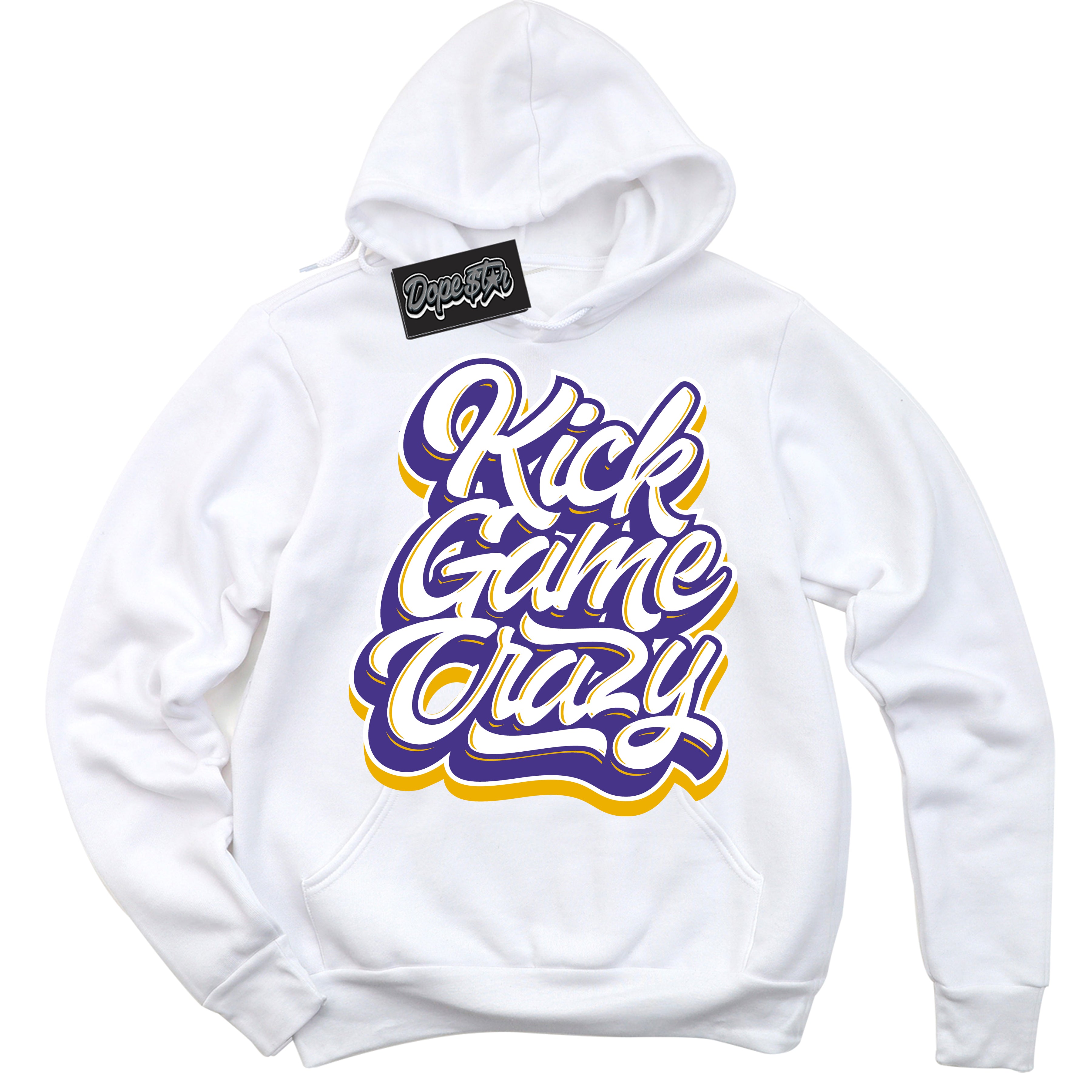 Cool White Hoodie with “Kick Game Crazy” design that Perfectly Matches Air Force 1 QS Kobe Lakers Home Sneakers.
