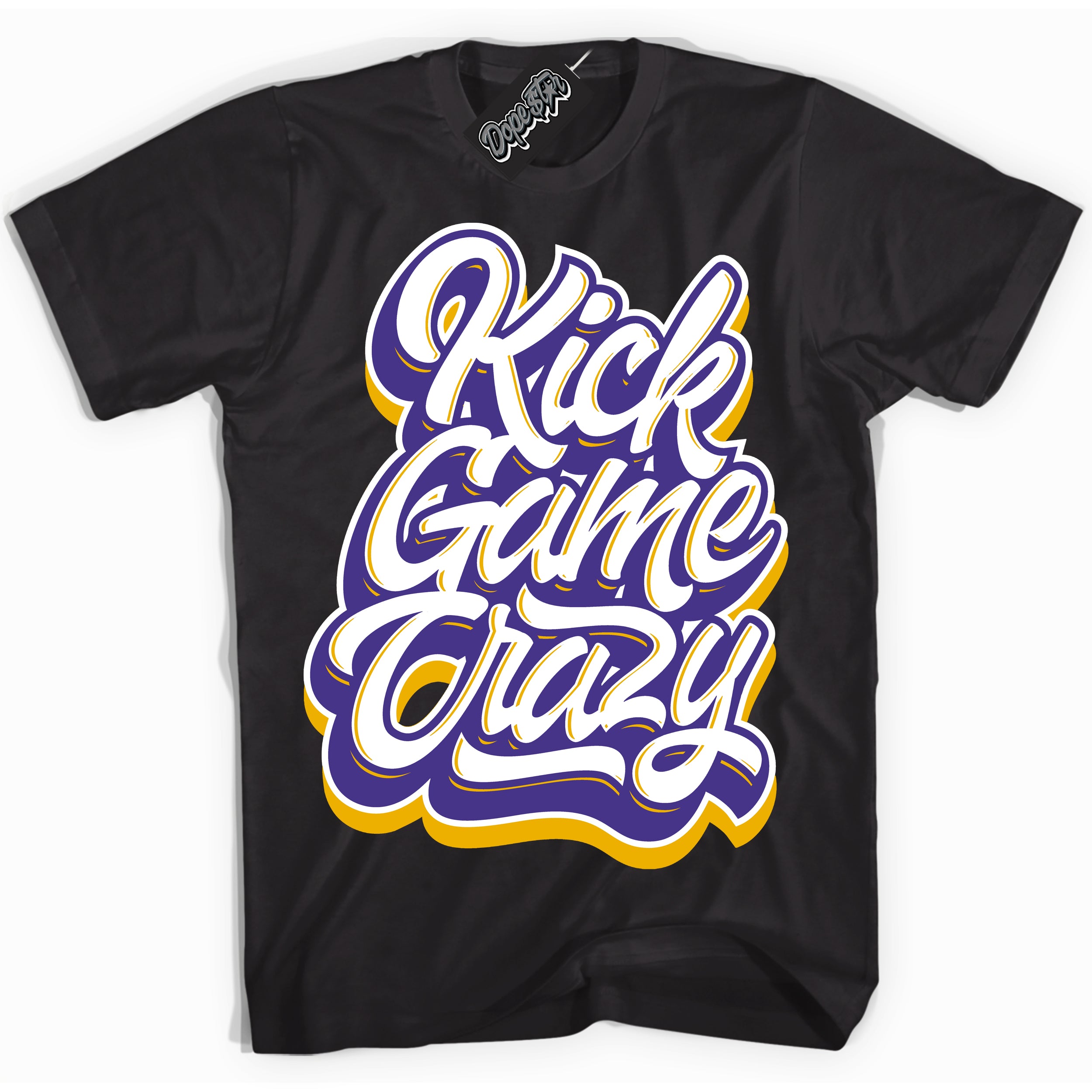 Cool Black Shirt with “Kick Game Crazy” design that perfectly matches the Air Force 1 QS Kobe Lakers Home Sneakers.