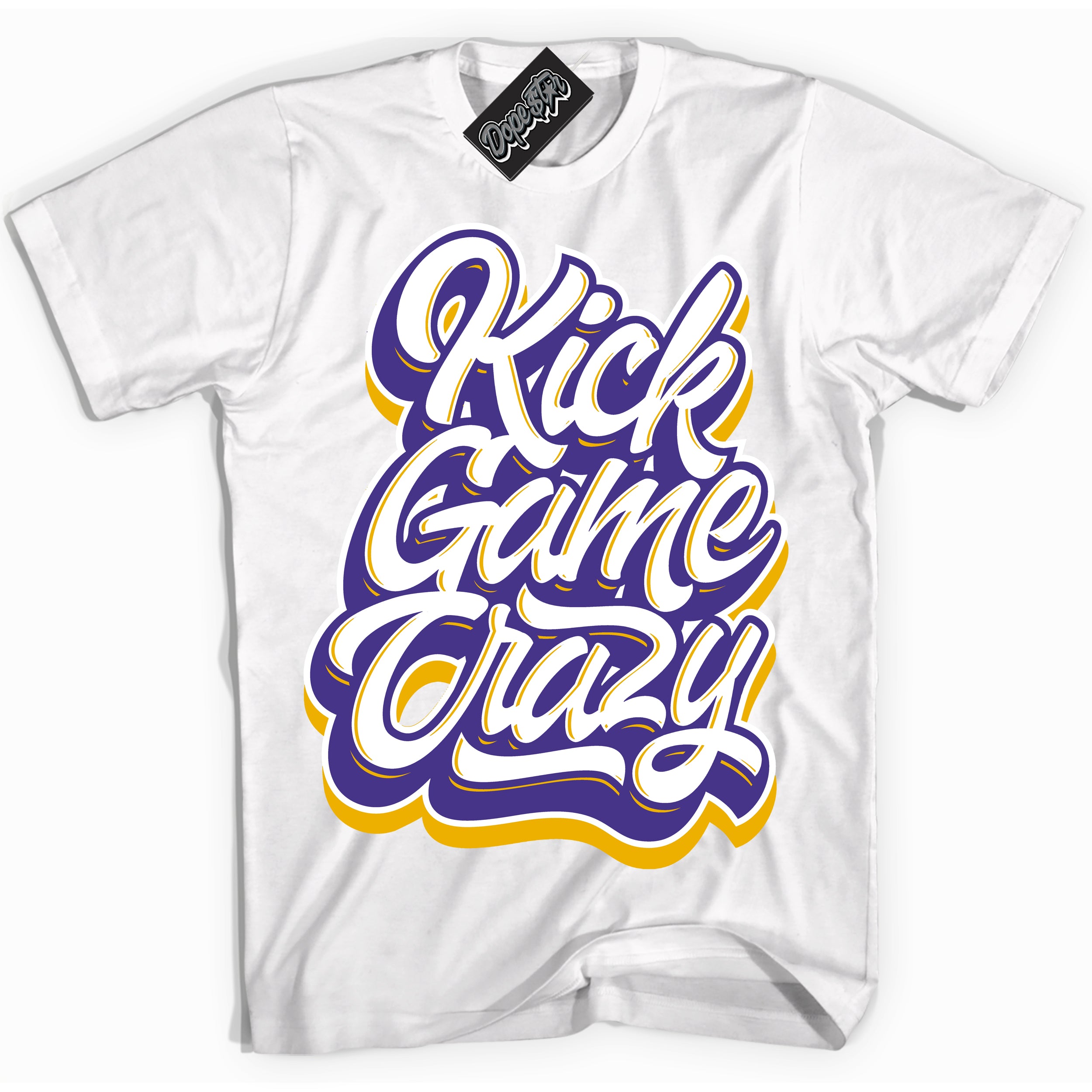 Cool White Shirt with “Kick Game Crazy” design that perfectly matches the Air Force 1 QS Kobe Lakers Home Sneakers.