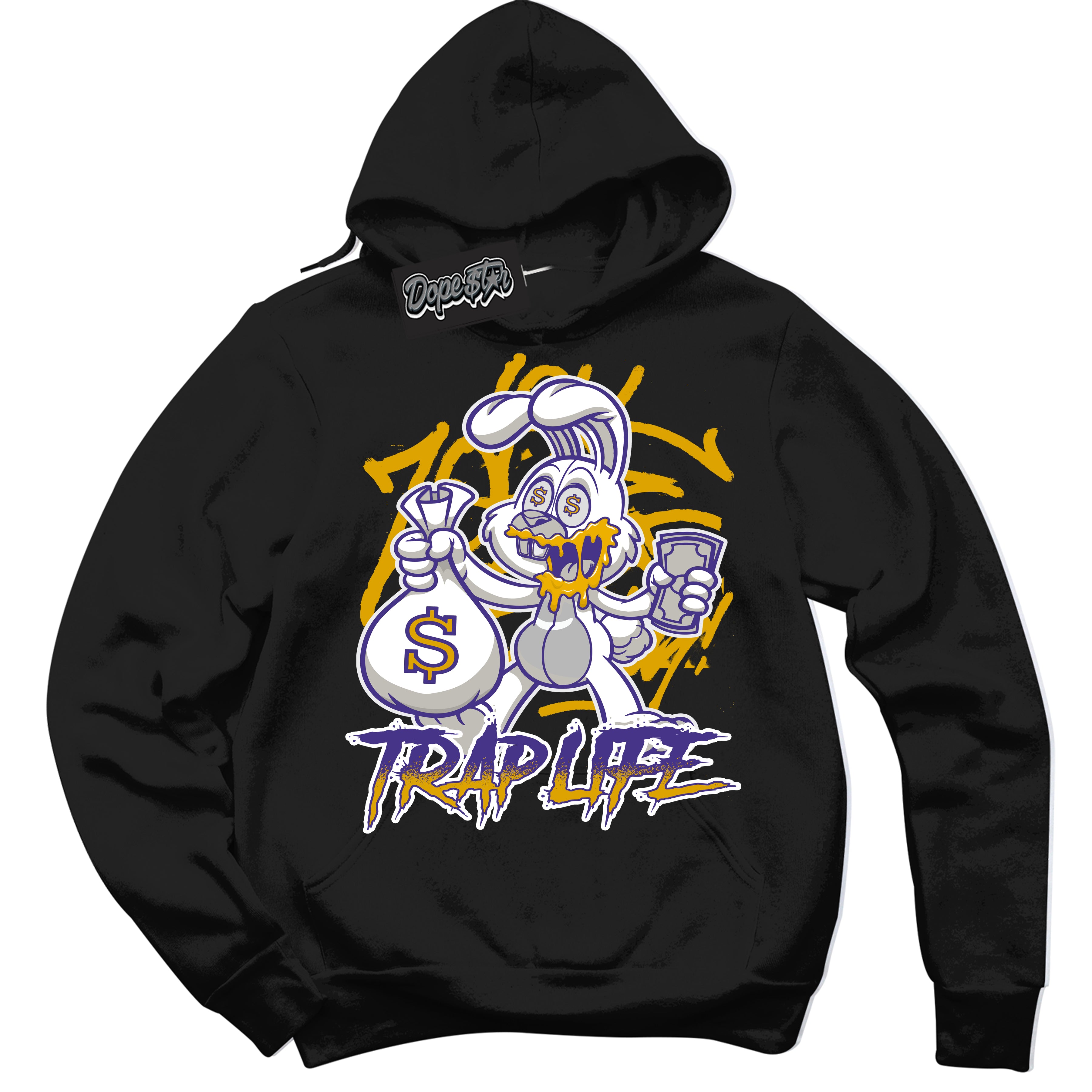 Cool Black Hoodie with “Trap Rabbit” design that Perfectly Matches Air Force 1 QS Kobe Lakers Home Sneakers.