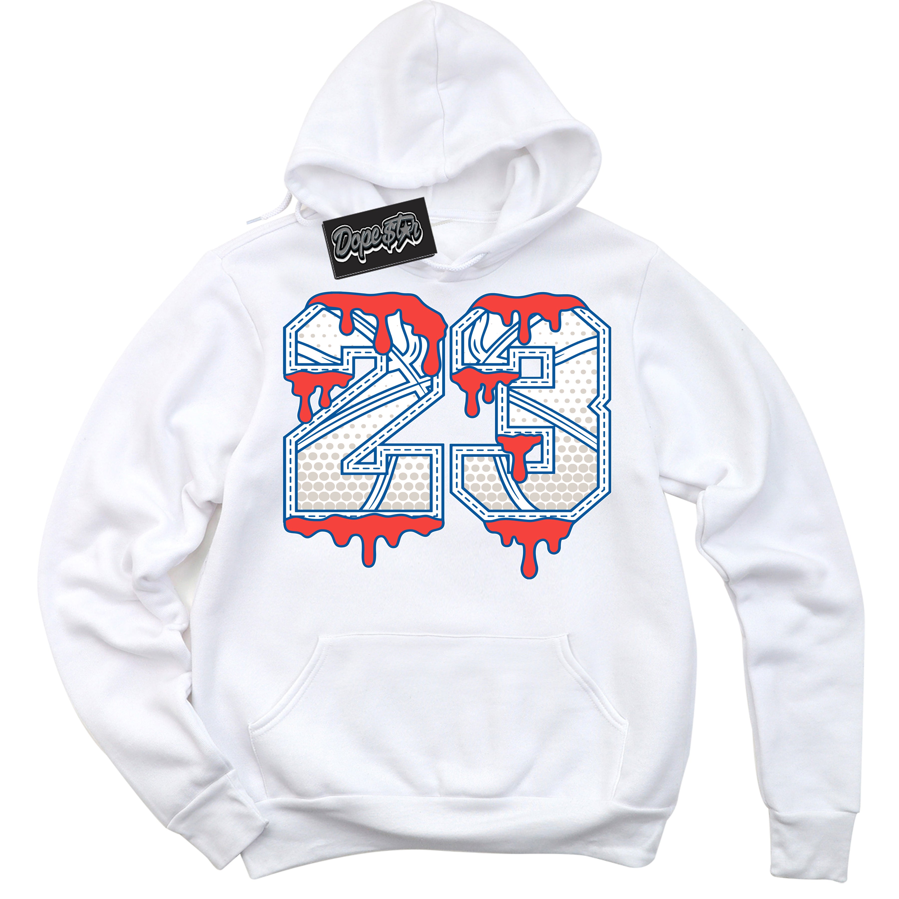 Cool White Hoodie with “ 23 Ball '' design that Perfectly Matches Ultramarine 180s Sneakers.
