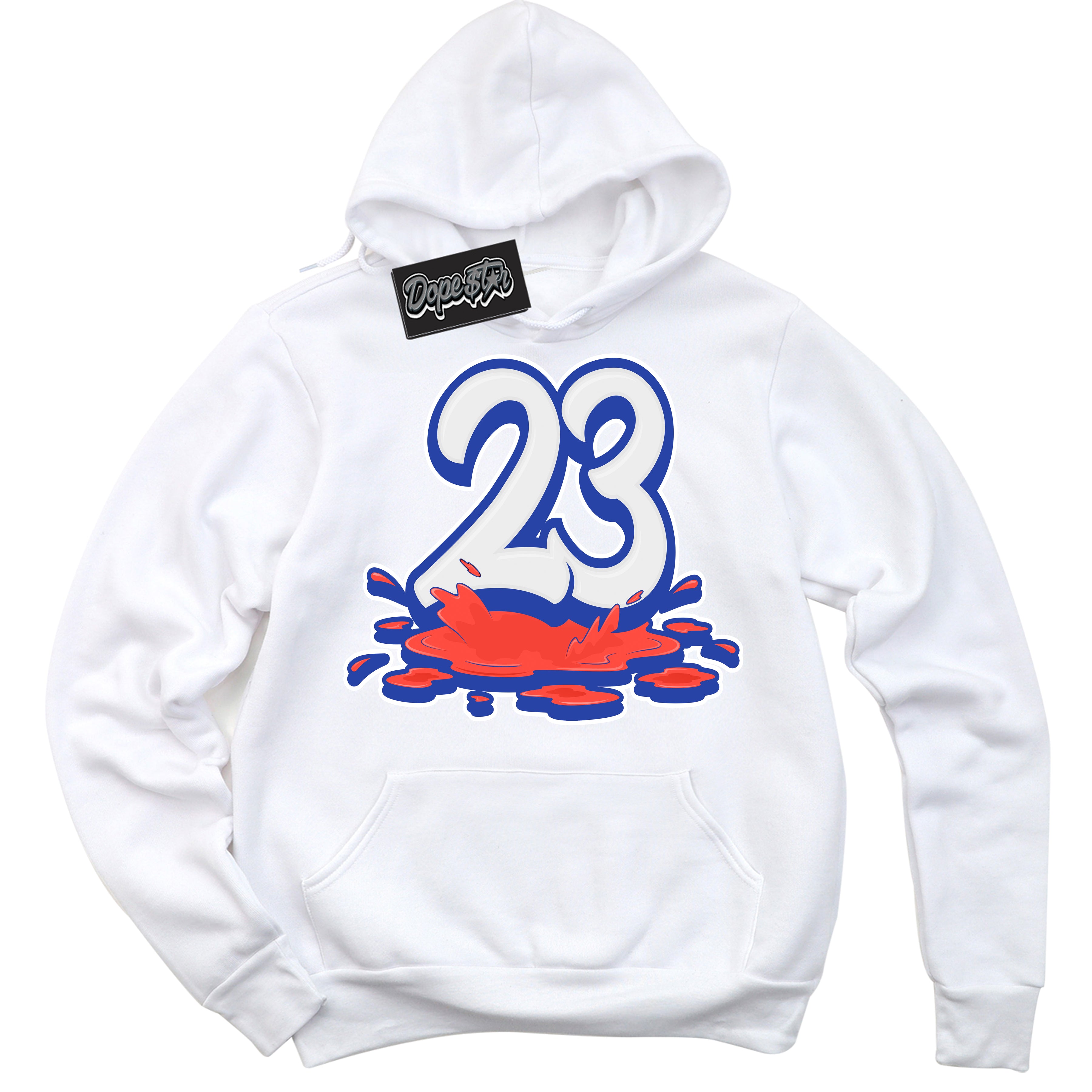 Cool White Hoodie with “ 23 Melting '' design that Perfectly Matches Ultramarine 180s Sneakers.