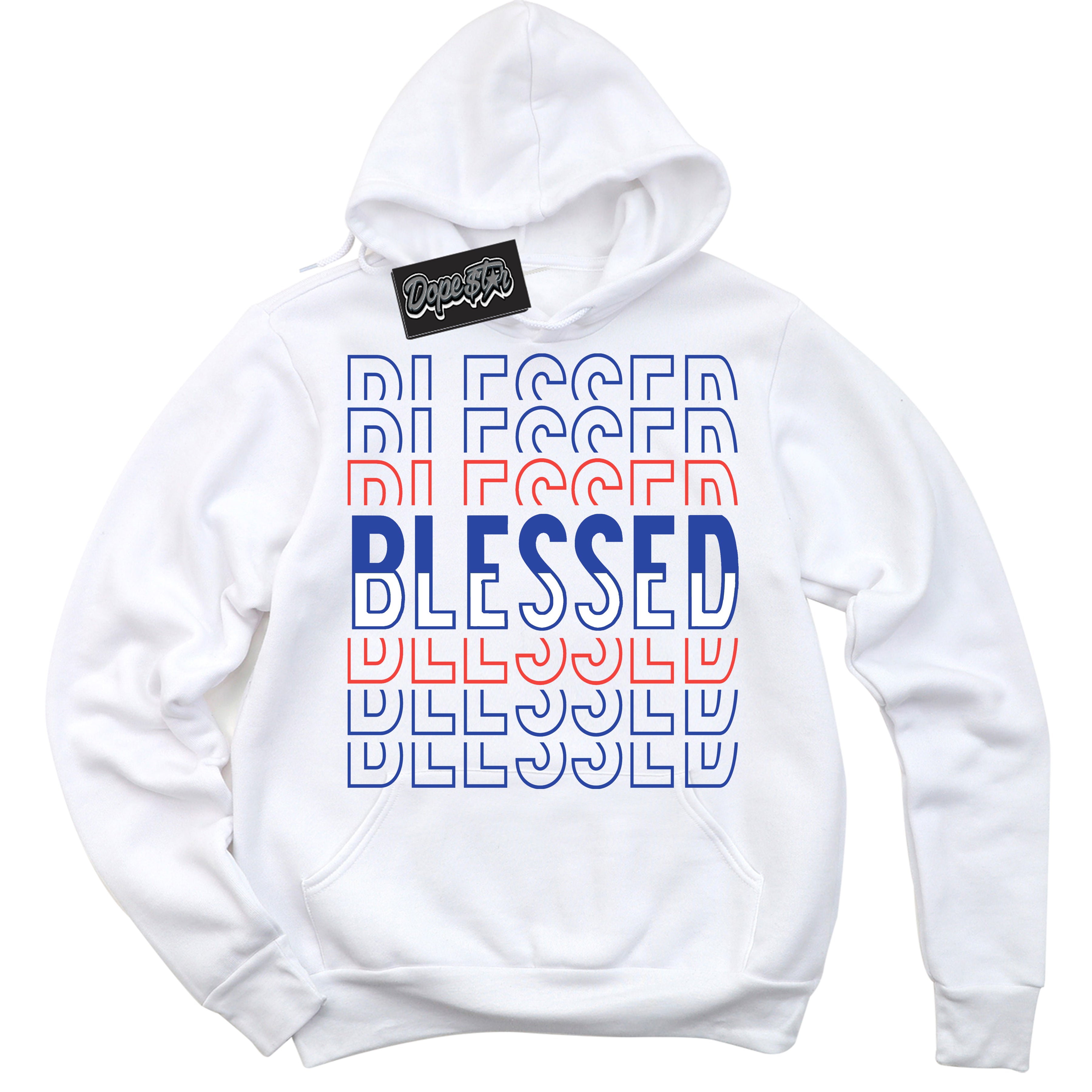 Cool White Hoodie with “ Blessed Stacked '' design that Perfectly Matches Ultramarine 180s Sneakers.