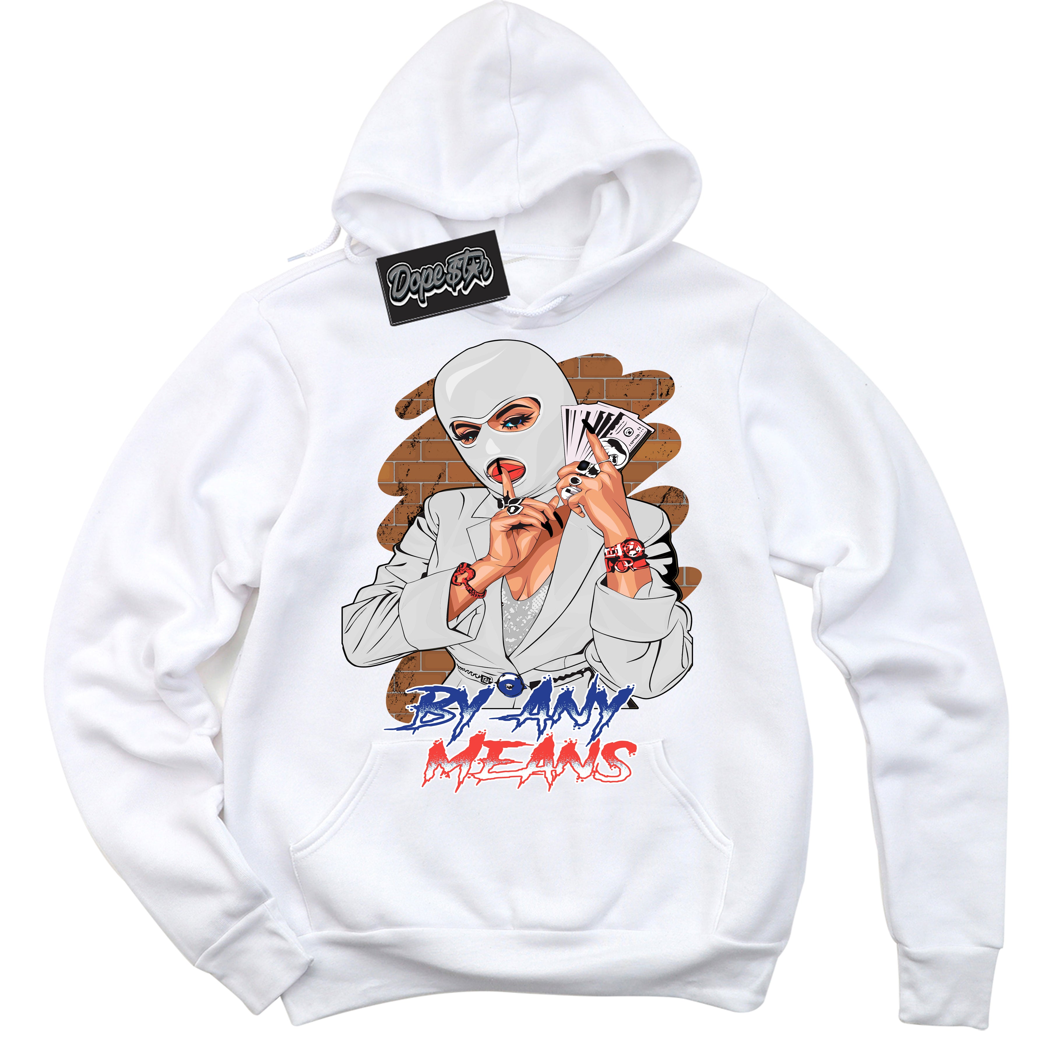 Cool White Hoodie with “ By Any Means '' design that Perfectly Matches Ultramarine 180s Sneakers.