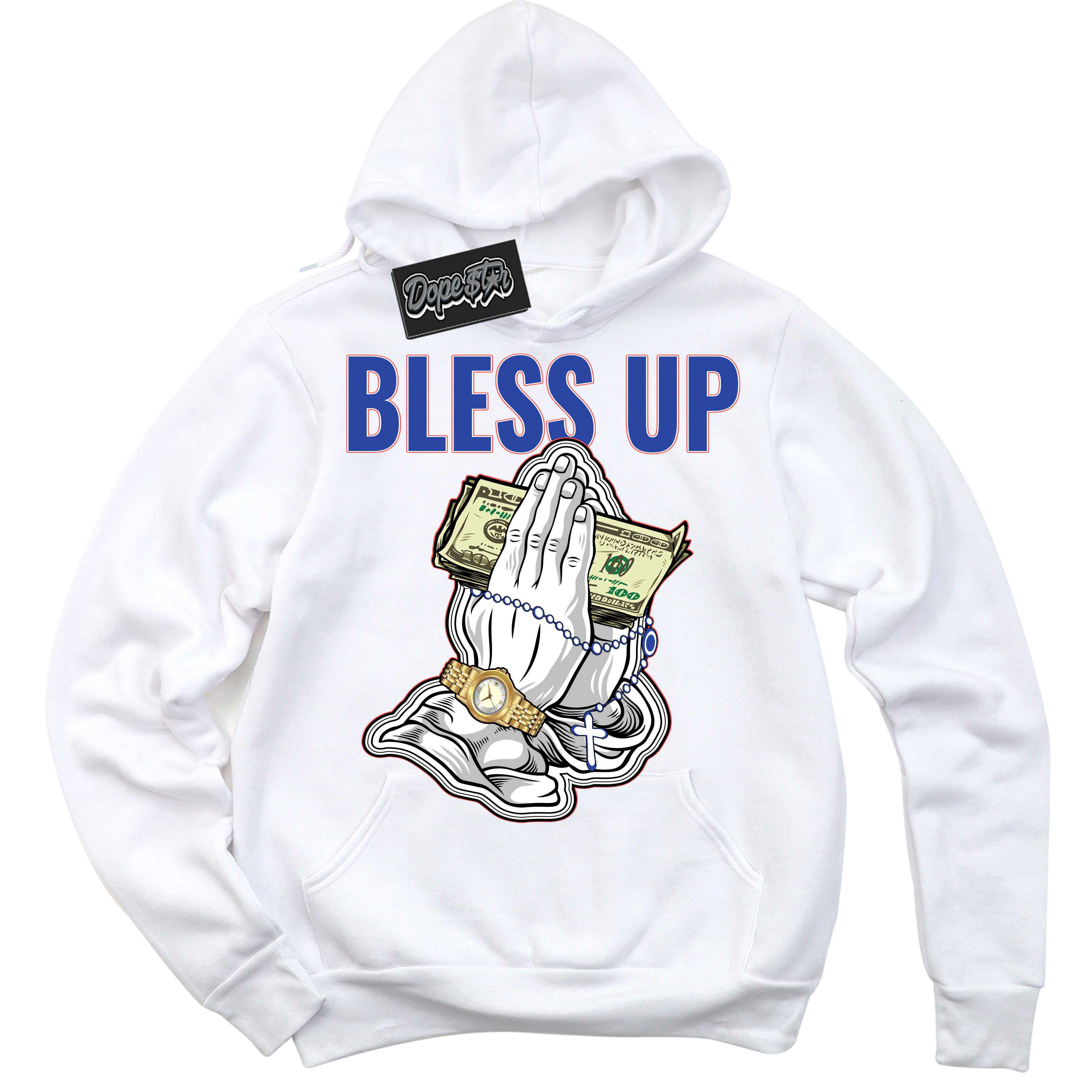 Cool White Hoodie with “ Bless Up '' design that Perfectly Matches Ultramarine 180s Sneakers.