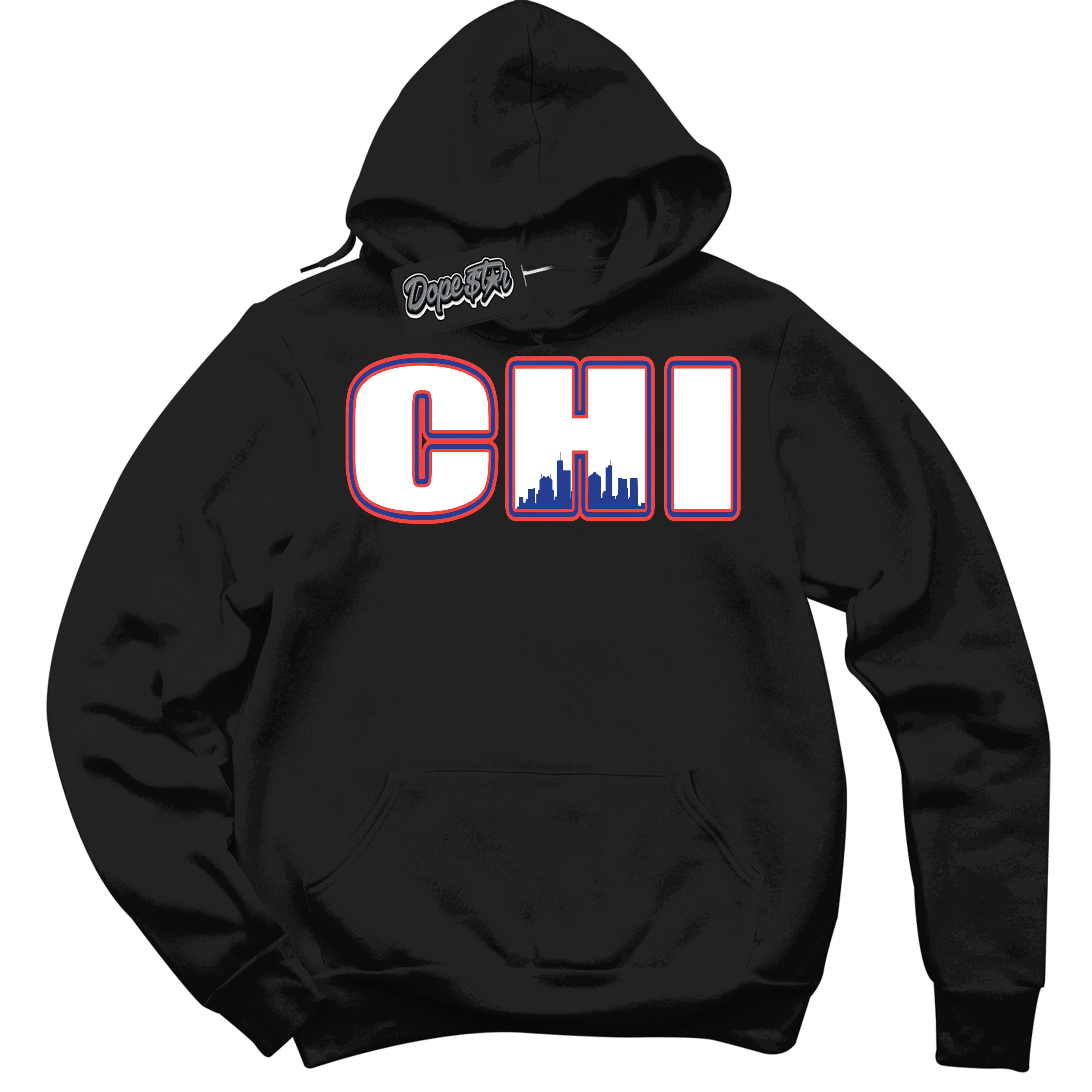Cool Black Hoodie with “ Chicago '' design that Perfectly Matches Ultramarine 180s Sneakers.