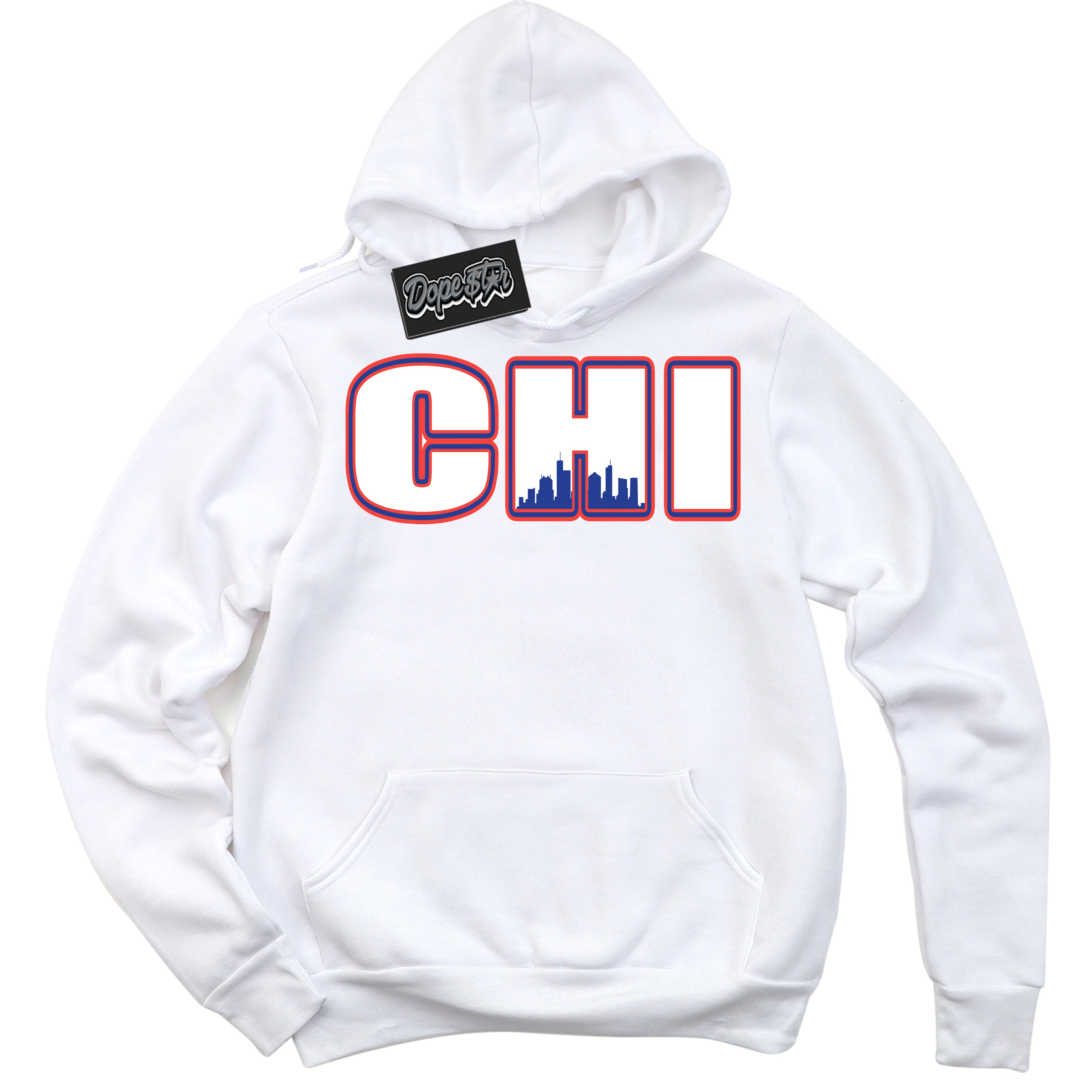 Cool White Hoodie with “ Chicago '' design that Perfectly Matches Ultramarine 180s Sneakers.