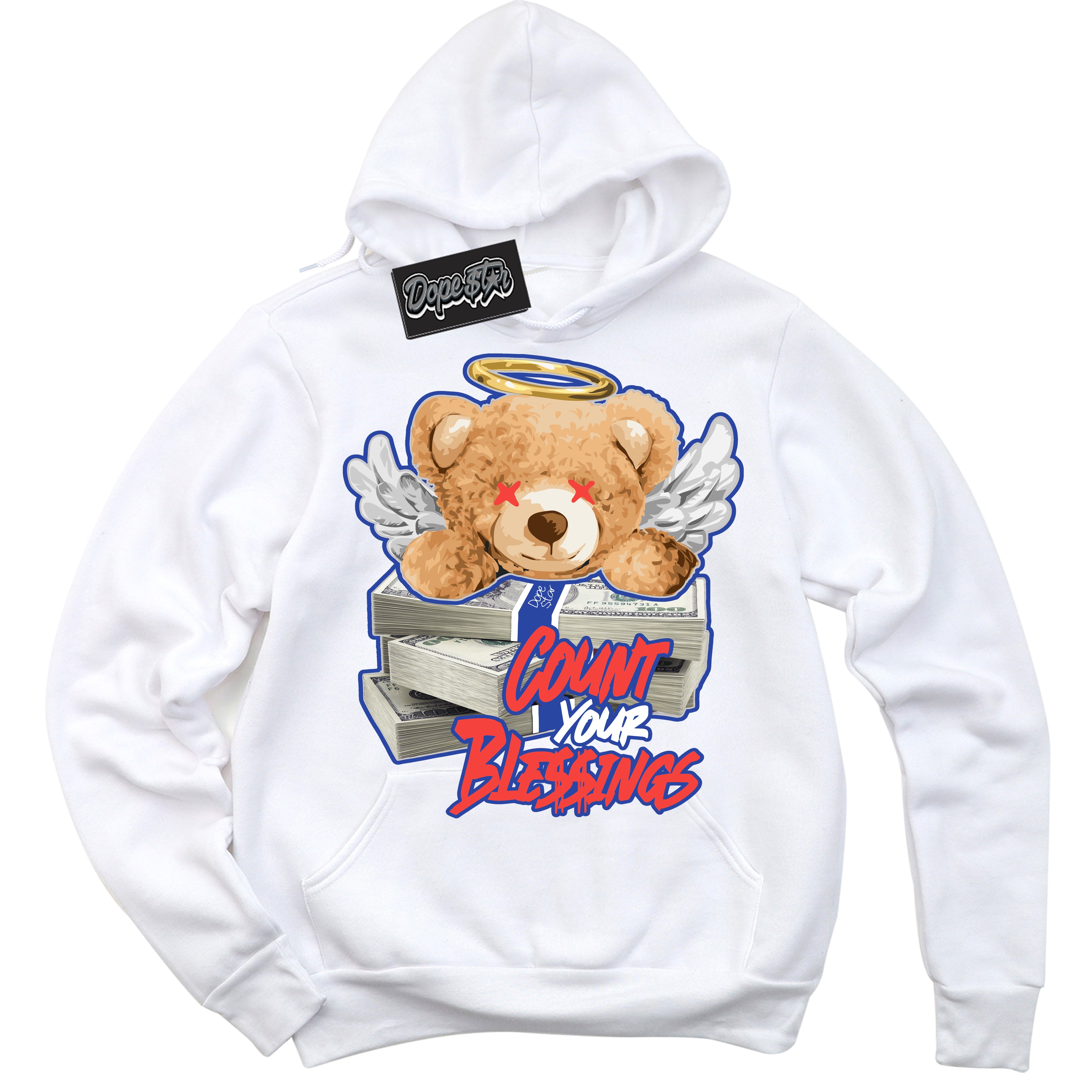 Cool White Hoodie with “ Count Your Blessings '' design that Perfectly Matches Ultramarine 180s Sneakers.