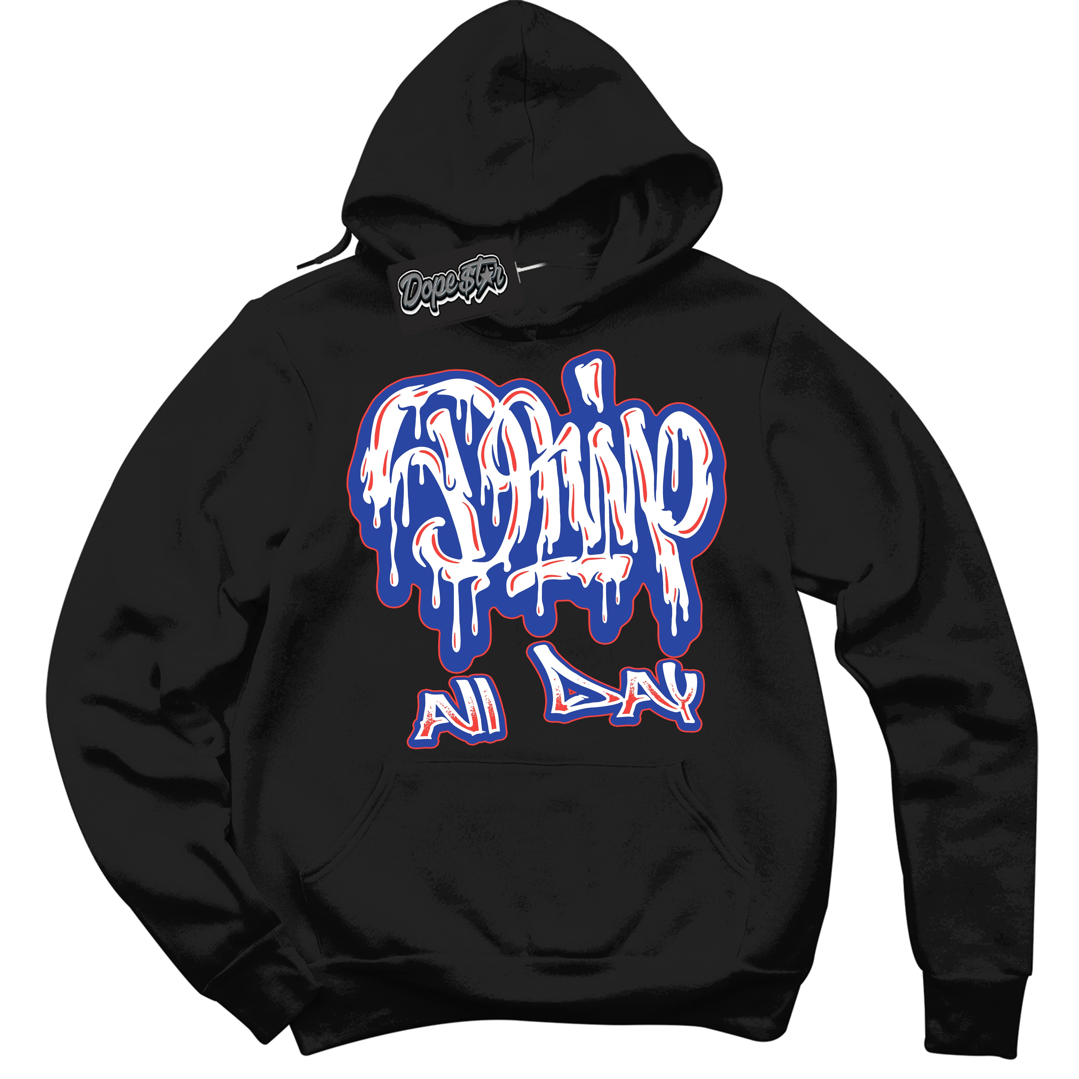 Cool Black Hoodie with “ Drip All Day '' design that Perfectly Matches Ultramarine 180s Sneakers.