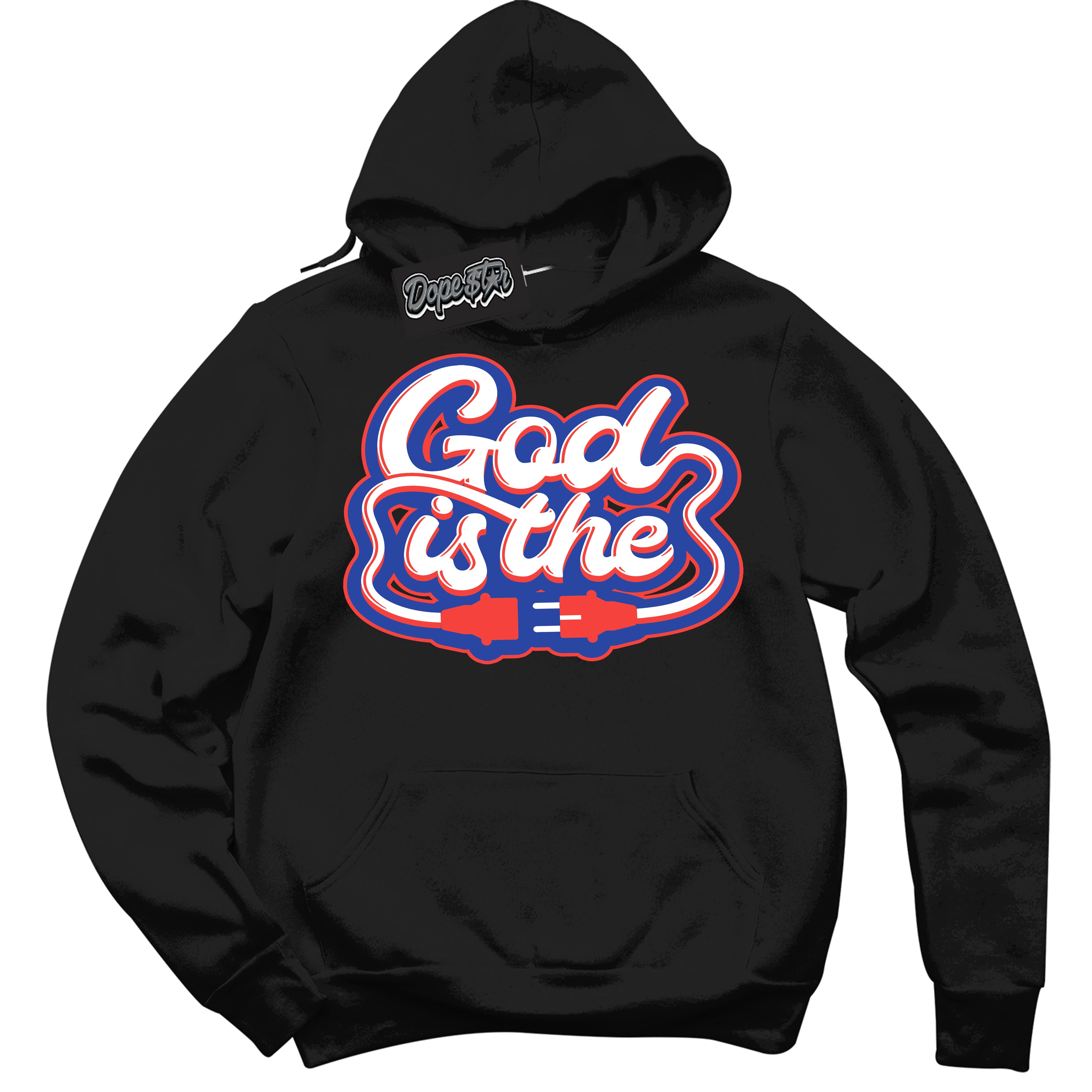 Cool Black Hoodie with “ God Is The '' design that Perfectly Matches Ultramarine 180s Sneakers.